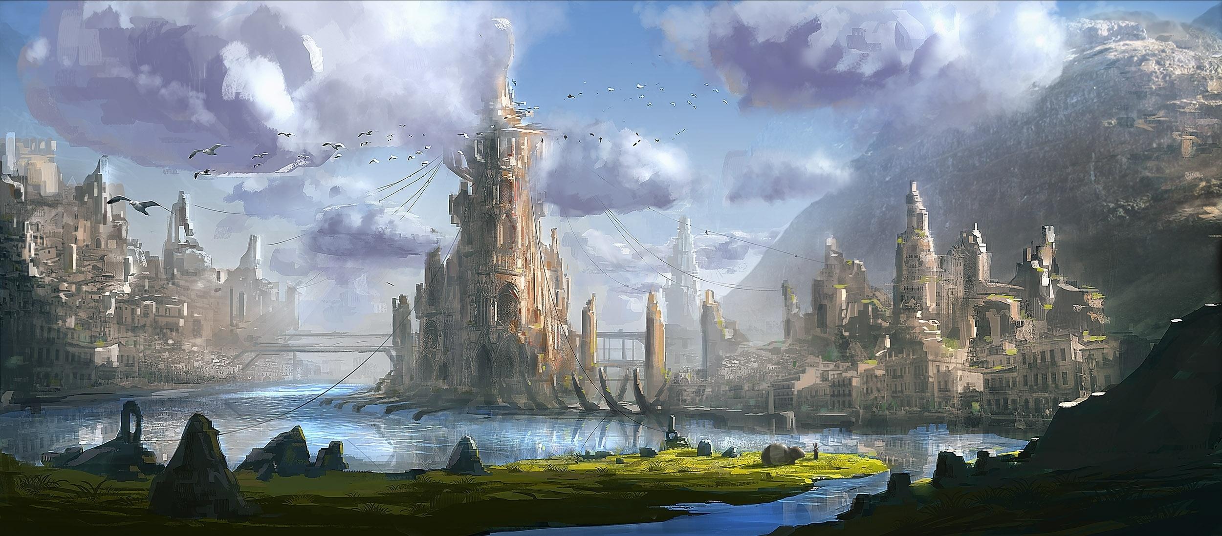 2500x1098 HD desktop wallpaper: Fantasy, City download free picture