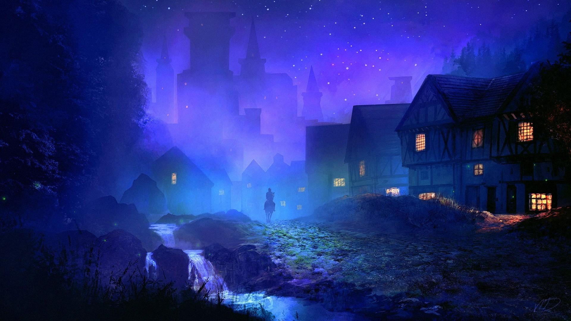 1920x1080 town, night, fantasy art, fantasy city Gallery HD Wallpaper
