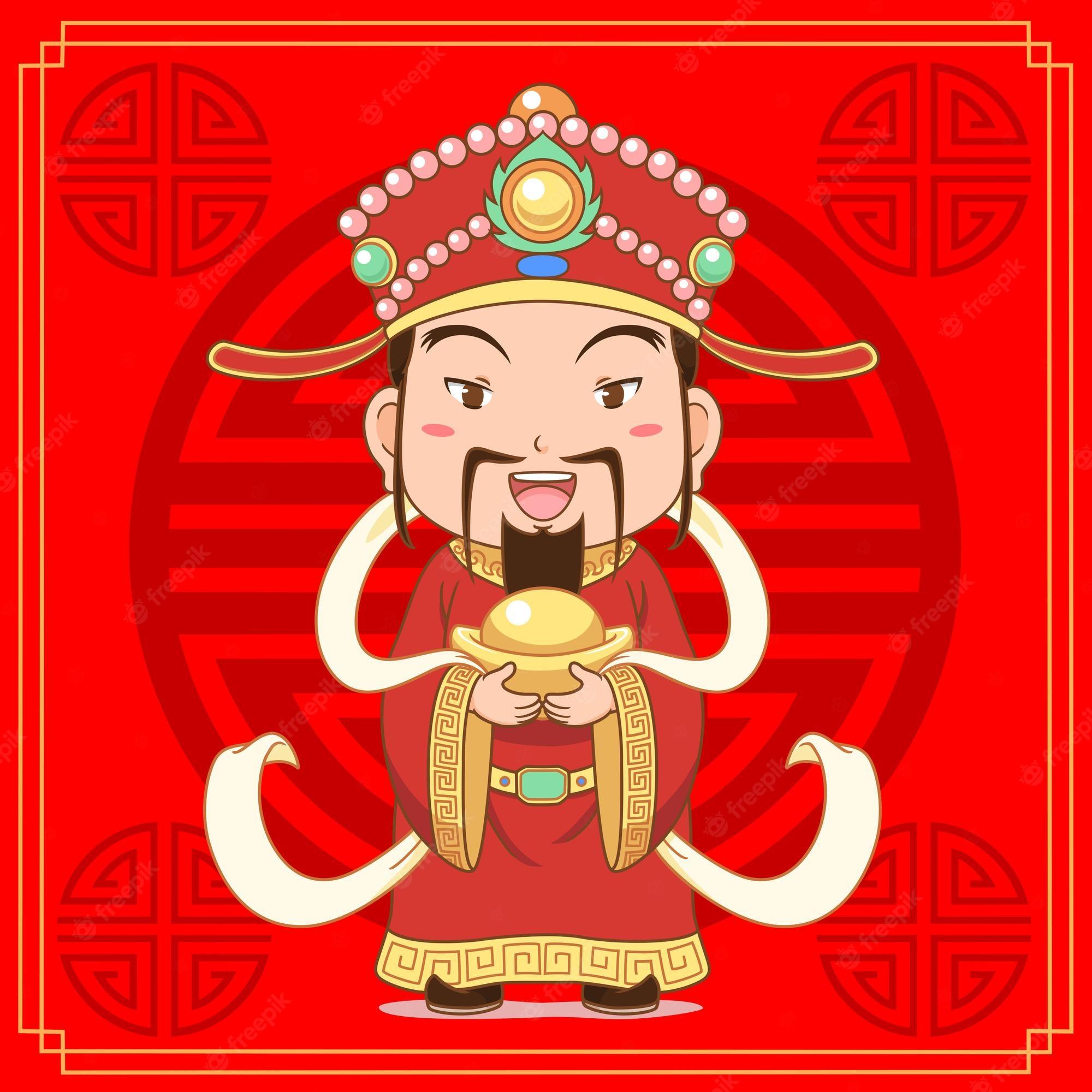 2000x2000 Premium Vector. Cartoon illustration of god of wealth holding gold ingot on red background for chinese new year celebration