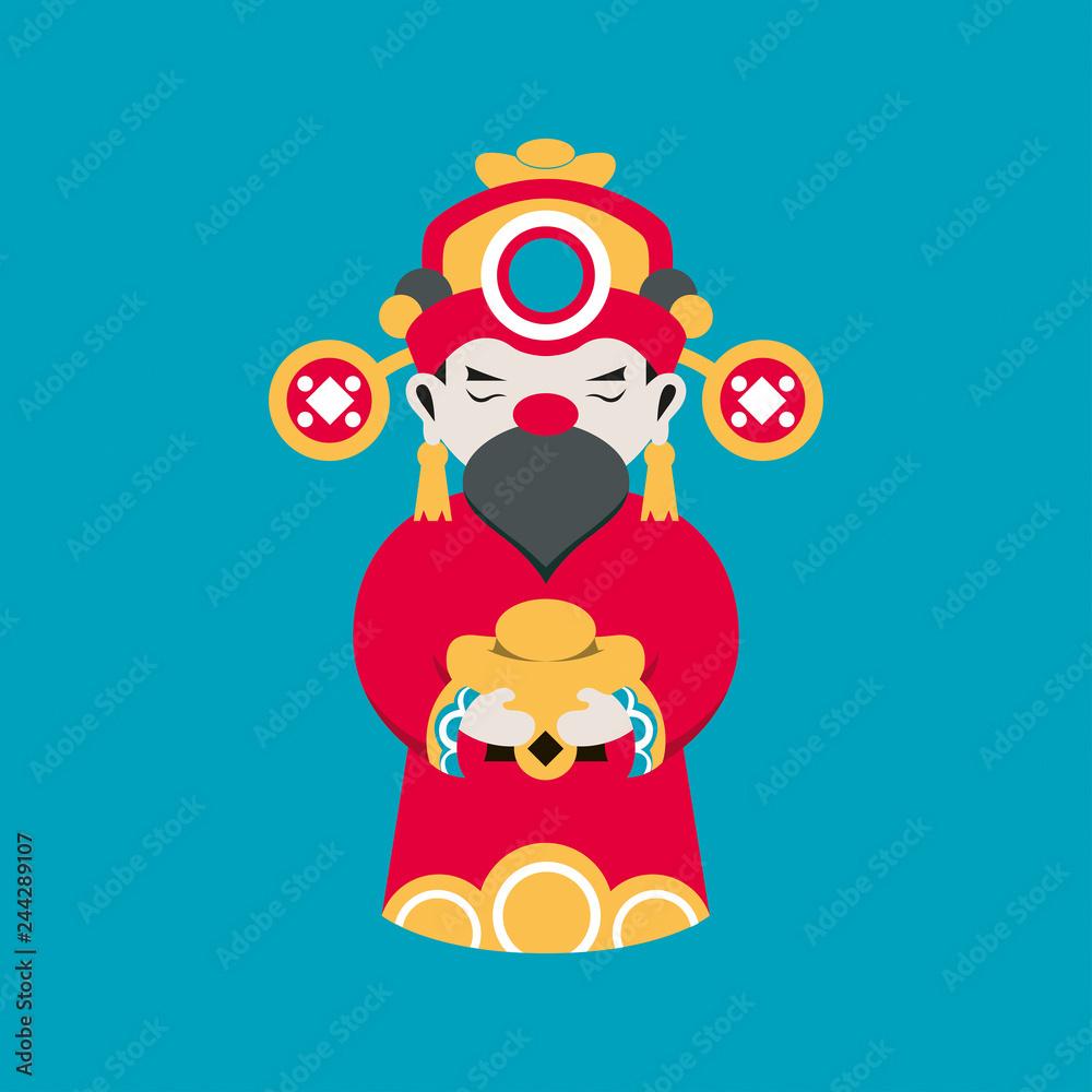 1000x1000 Flat line vector and illustration, Chainese god of wealth or fortune god of Chainese hold a gold cube in hand for good luck on blue background. Stock Vector