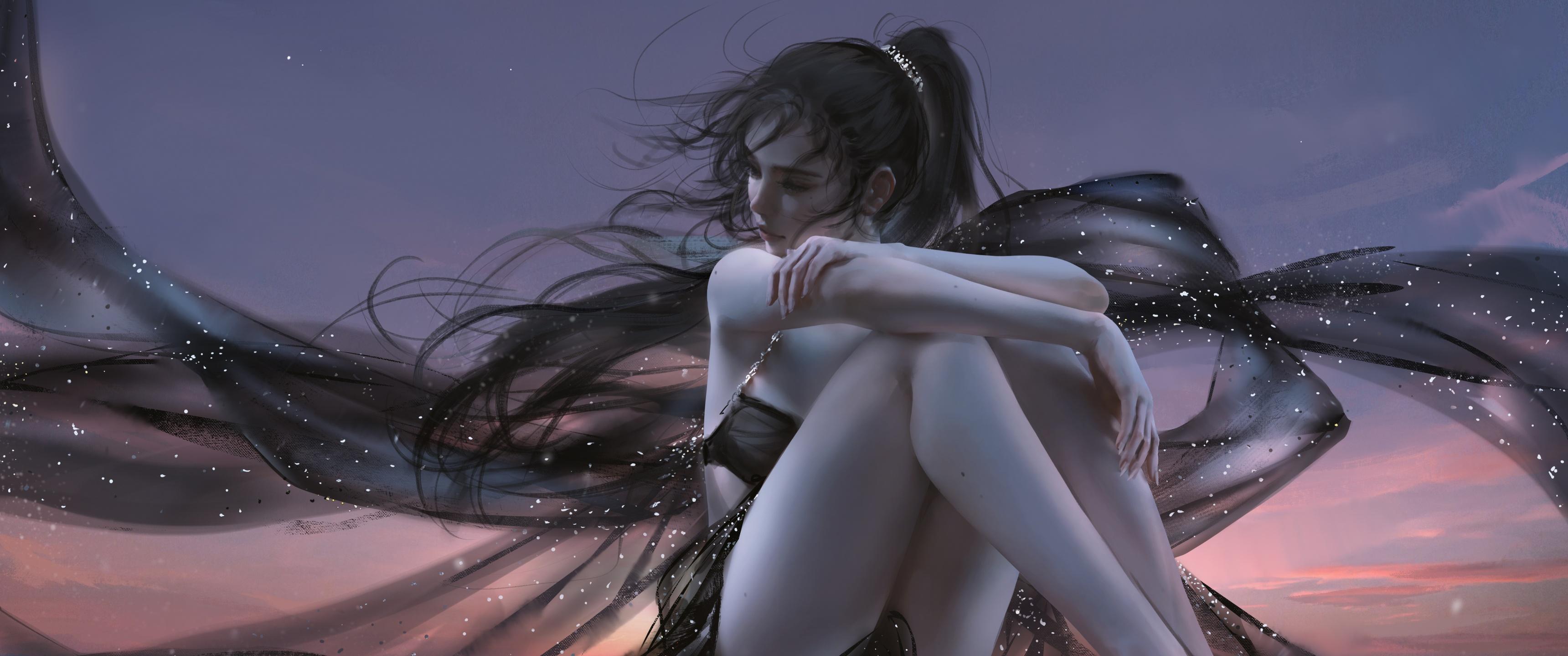 3440x1440 Anime girl Wallpaper 4K, Relaxing, Alone, Fantasy