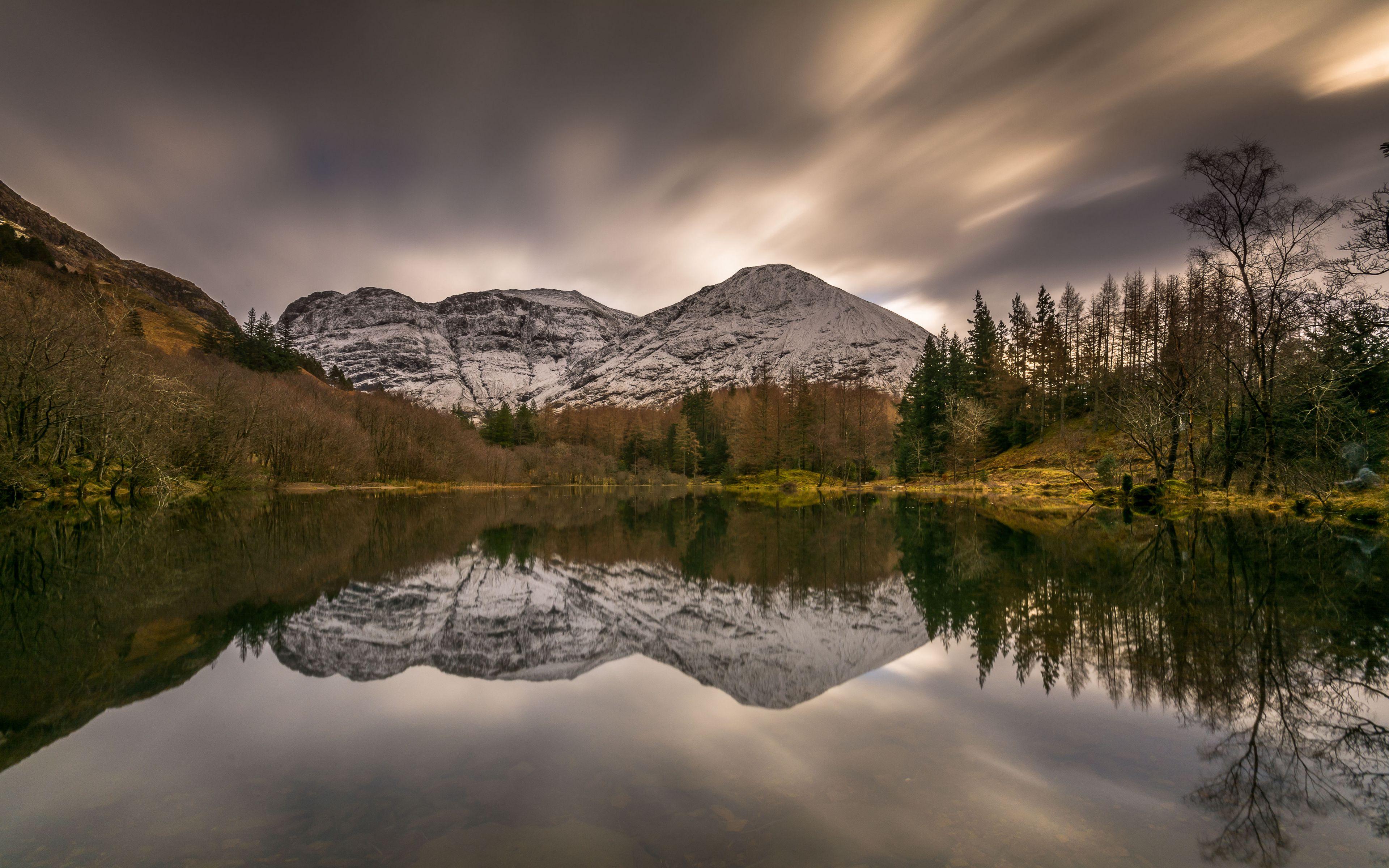 3840x2400 Mountains in the forest reflected in lake cloudy day Wallpaper 4k Ultra HD