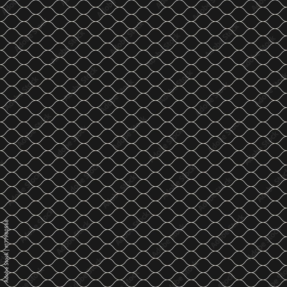 1000x1000 Vector seamless pattern, thin wavy lines. Dark texture of mesh, fishnet, lace, weaving, subtle lattice. Simple monochrome geometric abstract background. Design for prints, decor, fabric, digital, web Stock Vector