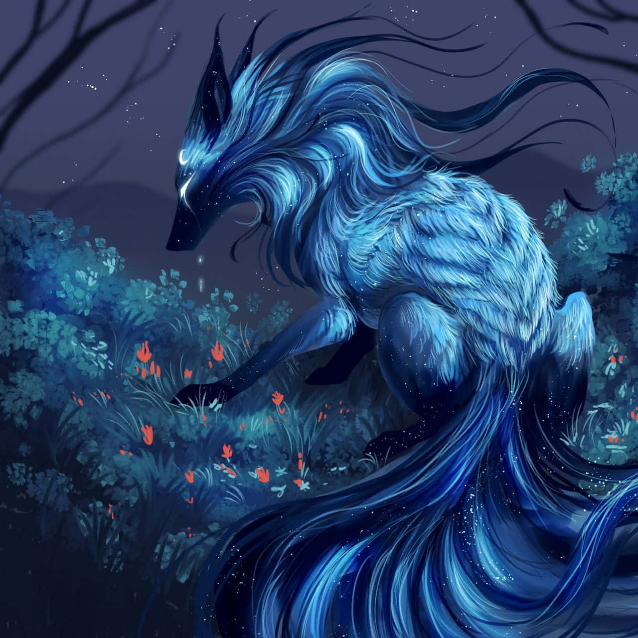 1280x1280 Download A Blue Fox With Long Hair In The Forest Wallpaper