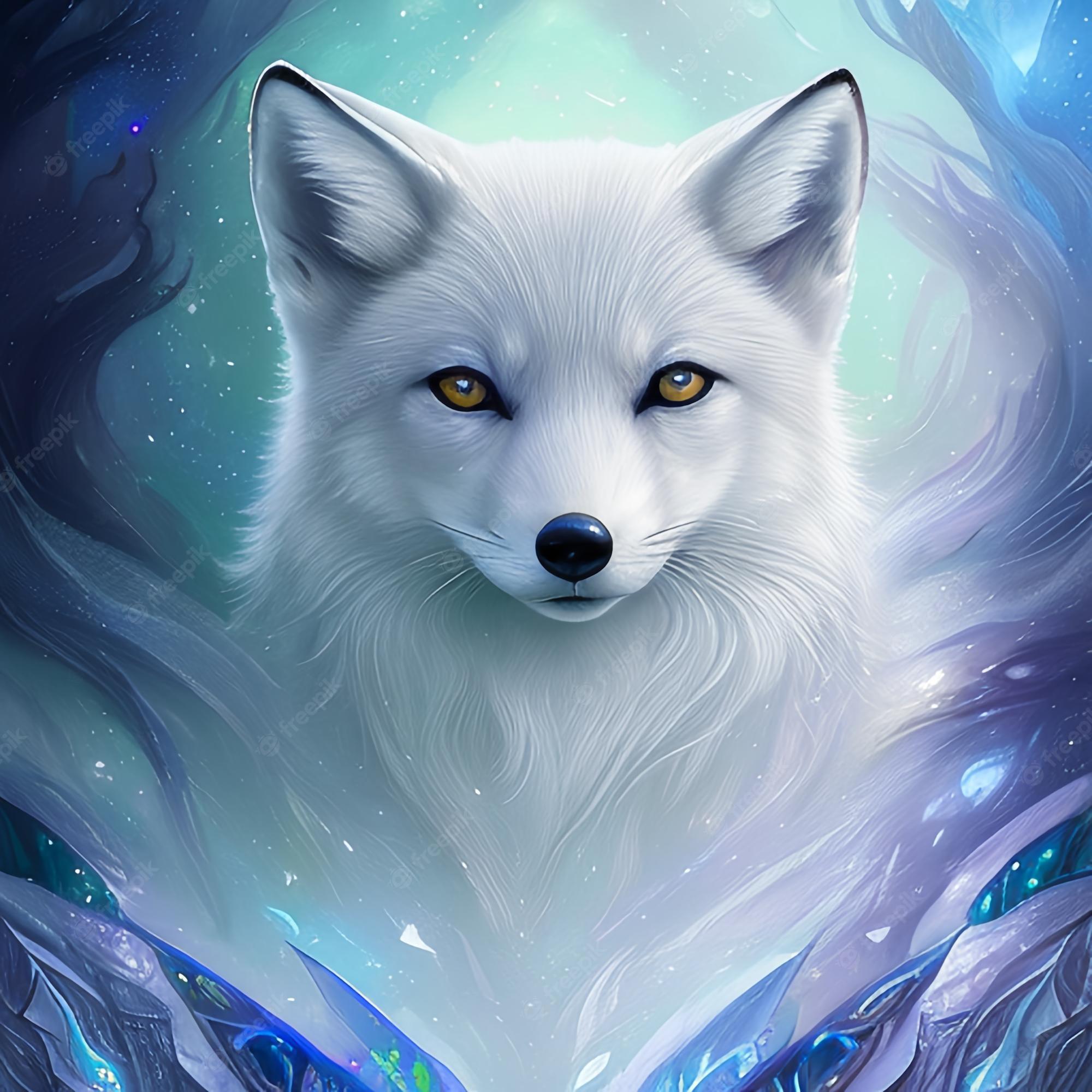 2000x2000 Premium Photo. A white fox with a blue background and a green light