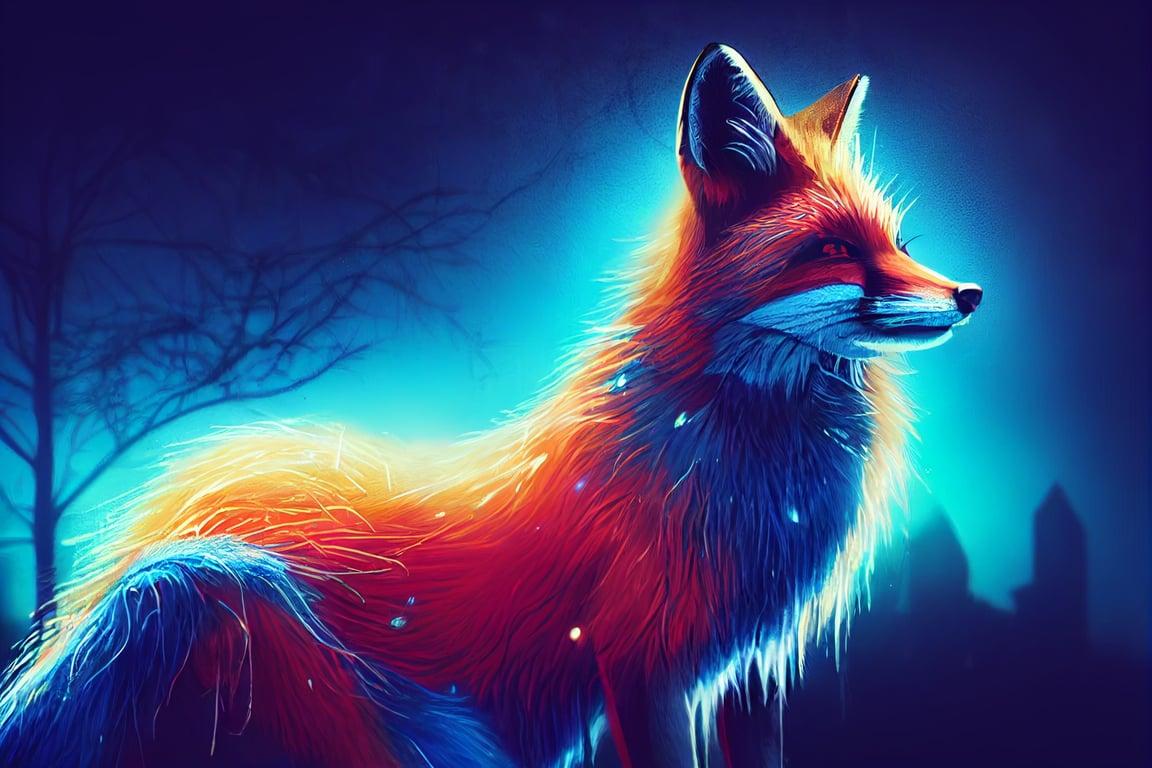 1152x768 prompthunt: magical realistic fox portrait with graffiti painted fur, blue eyes, background neon city at night, blue, red, orange, teal, purple, magical orange Fox with intricate graffiti tagged fur, highly detailed, steamy