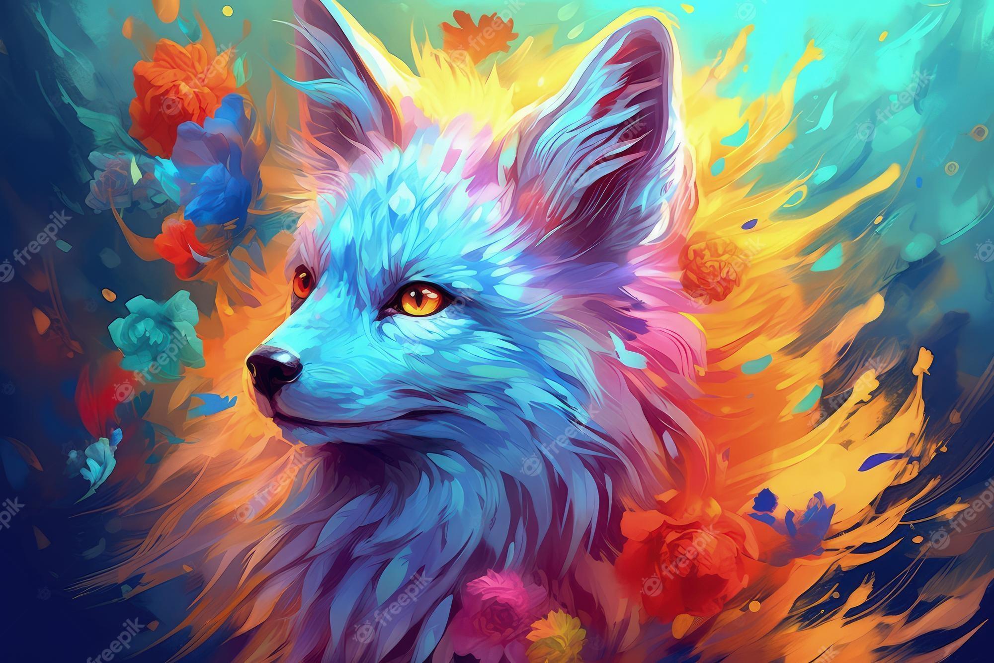 2000x1333 Premium Photo. A fox with a blue face is surrounded