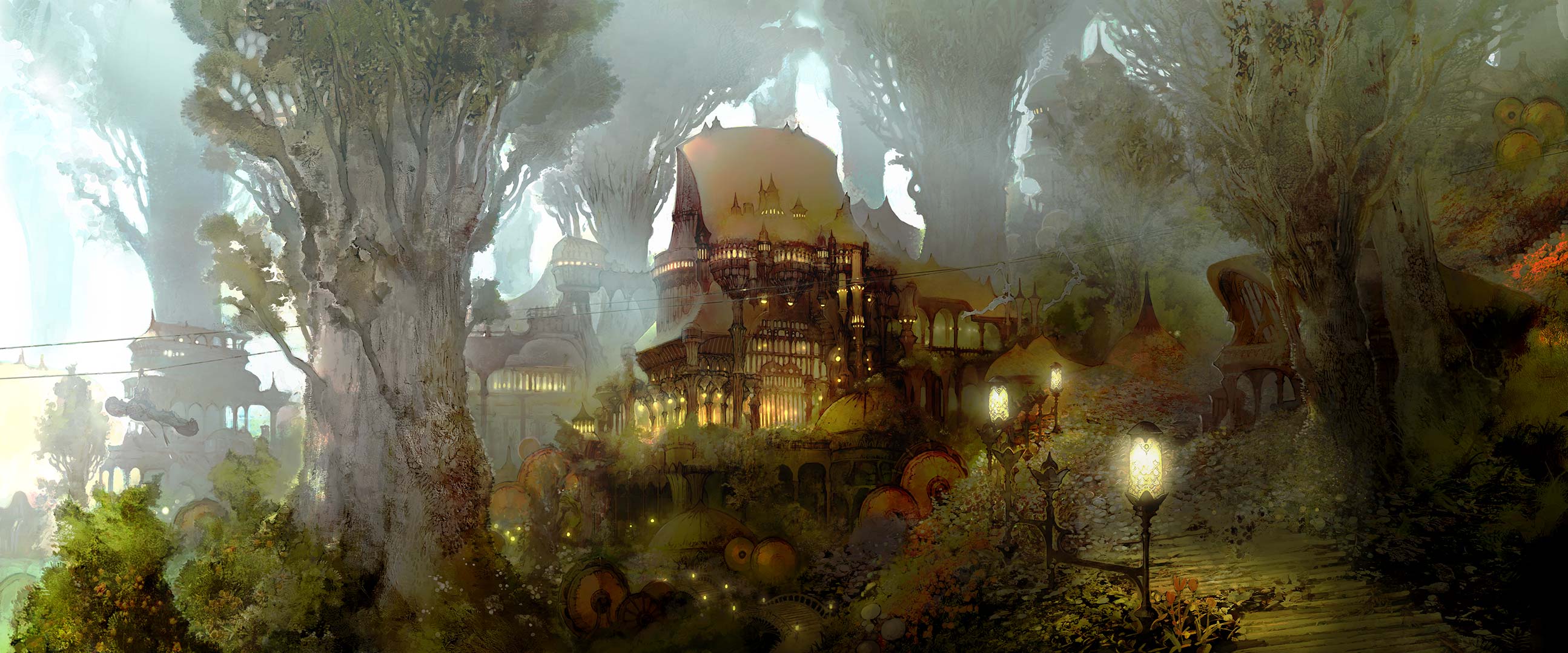 2589x1080 Free download Dual Screen Forest Citadel Final Fantasy Wallpaper [2589x1080] for your Desktop, Mobile & Tablet. Explore Dual Screen Fantasy Wallpaper. Halo Dual Screen Wallpaper, Pokemon Dual Screen Wallpaper