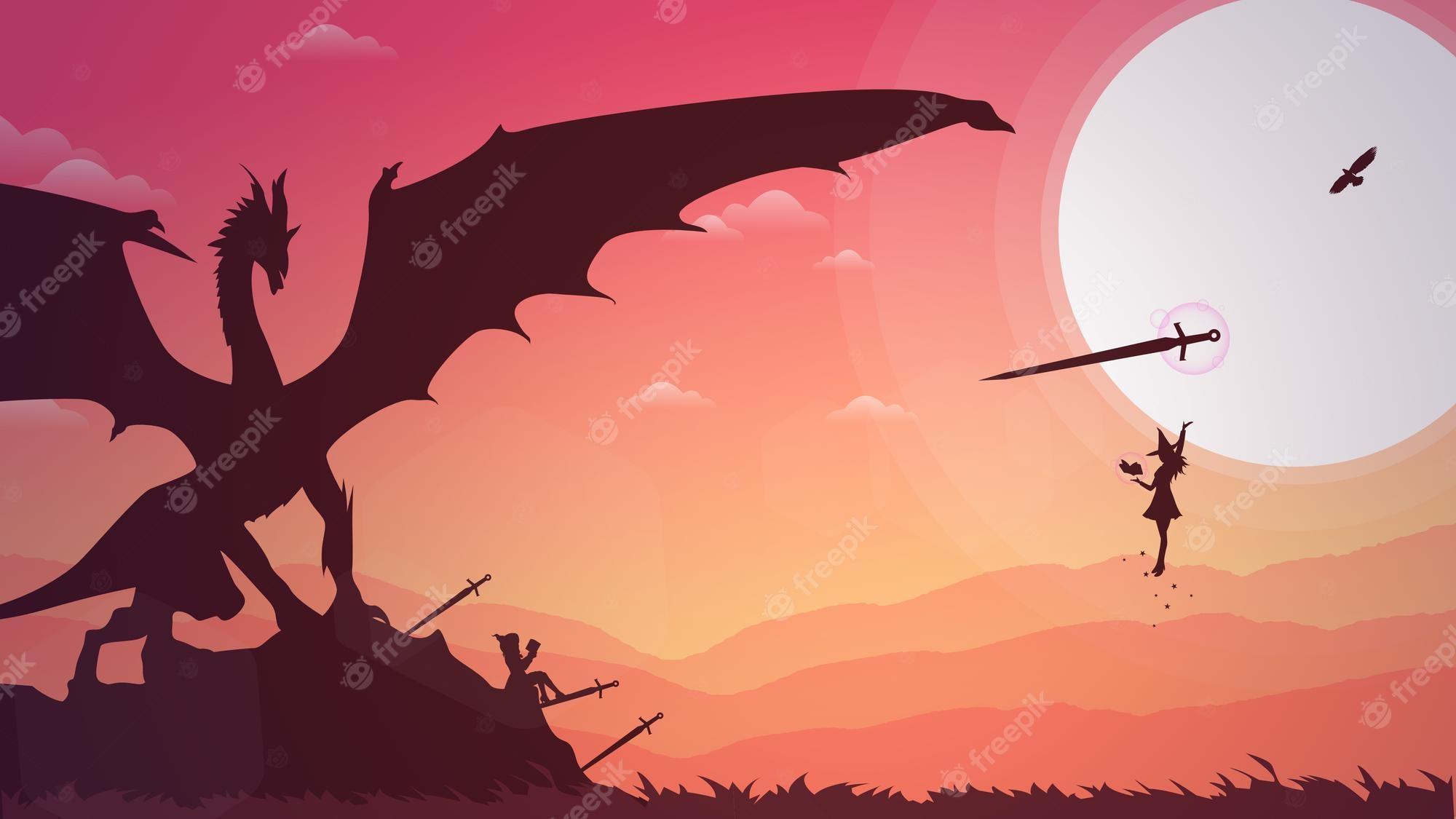 2000x1125 Premium Vector. Fantasy wallpaper with mythological animal. sunset. fight with sword. witch versus flying dragon