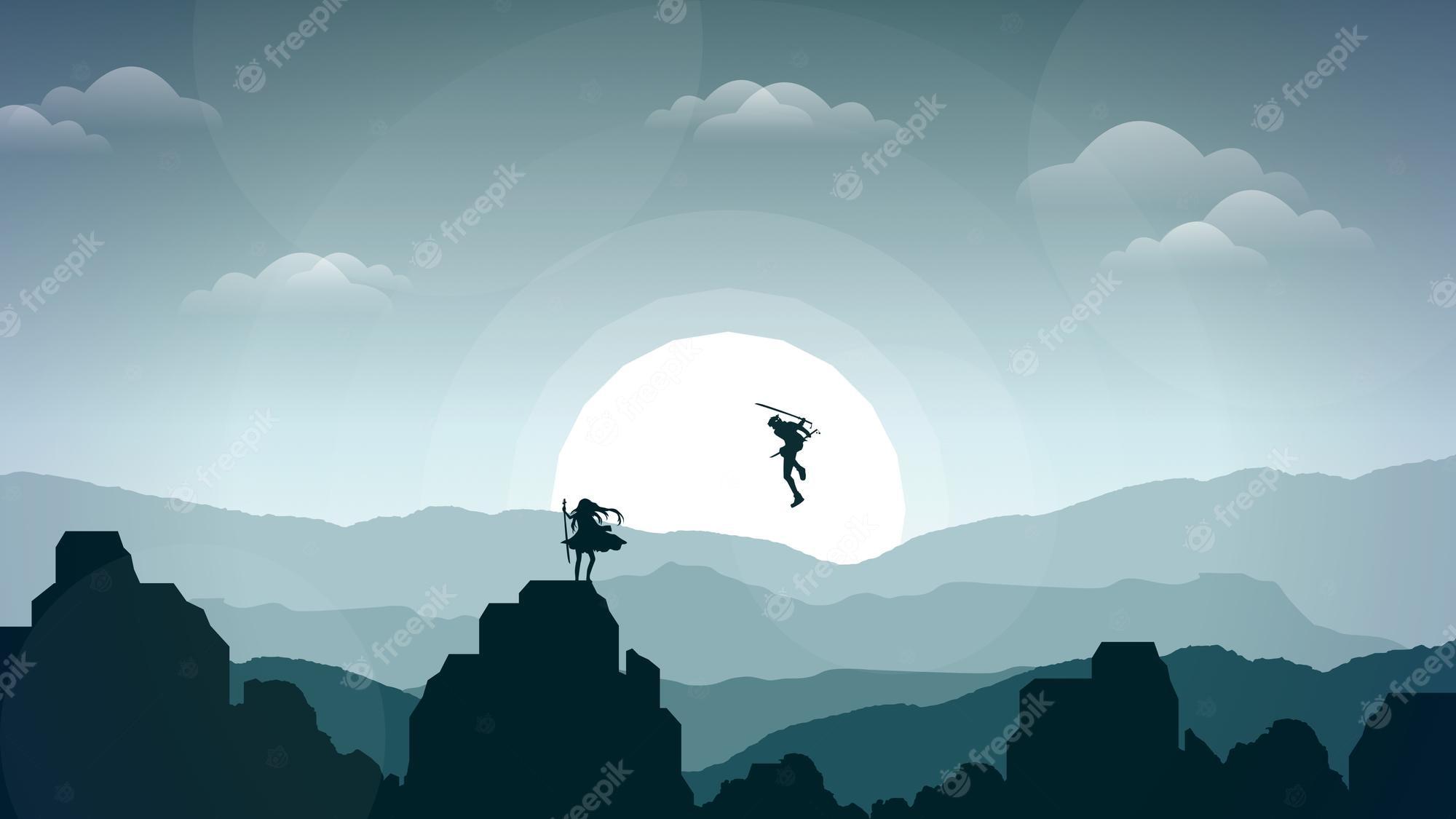 2000x1125 Premium Vector. Samurai anime wallpaper. samurai boy want to fight with lady samurai. mountains desktop background