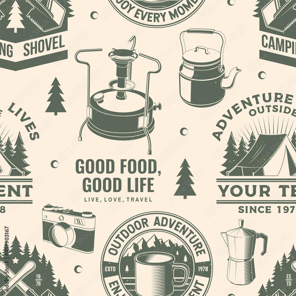 1000x1000 Summer camp seamless pattern or background. Vector. Seamless scene with primus, coffee maker, camper tent, shovel and forest silhouette. Outdoor adventure background for wallpaper or wrapper. Stock Vector
