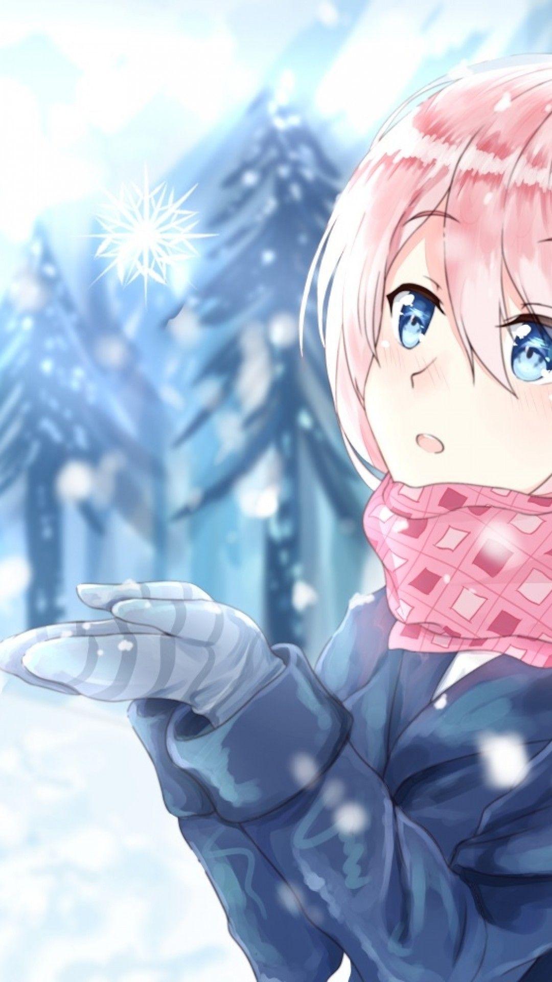 1080x1920 Download 1080x1920 Anime Girl, Pink Hair, Scarf, Snowflake, Blue