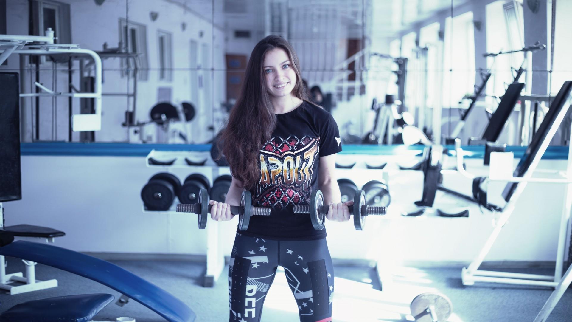 1920x1080 Wallpaper Girl, fitness, exercise, gym, dumbbells, workout, sportswear, motivation, Sport