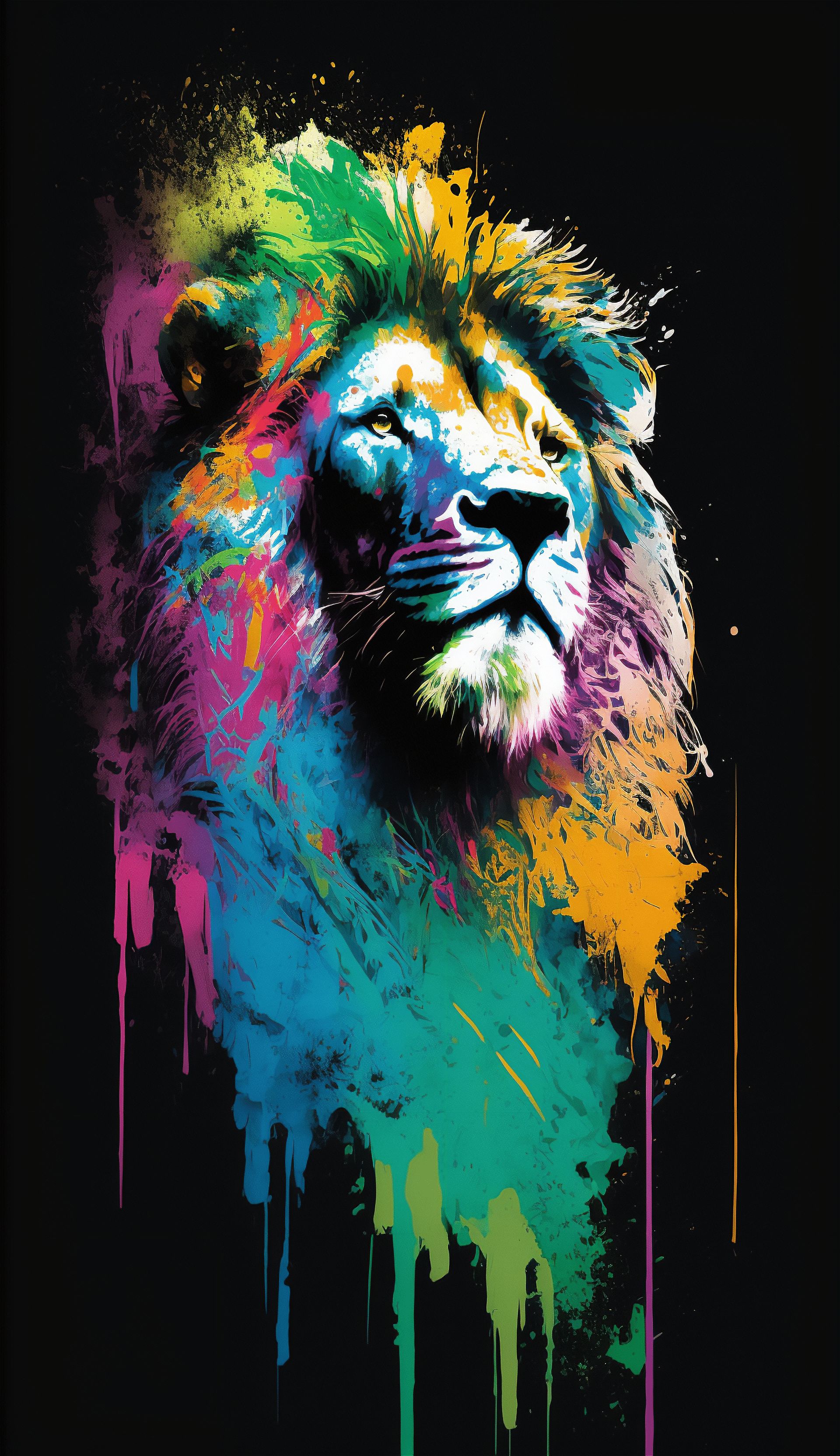 1920x3328 Ai Art Painting Vertical Portrait Display Lion Colorful Animals Minimalism Black Background Wallpaper:1920x3328