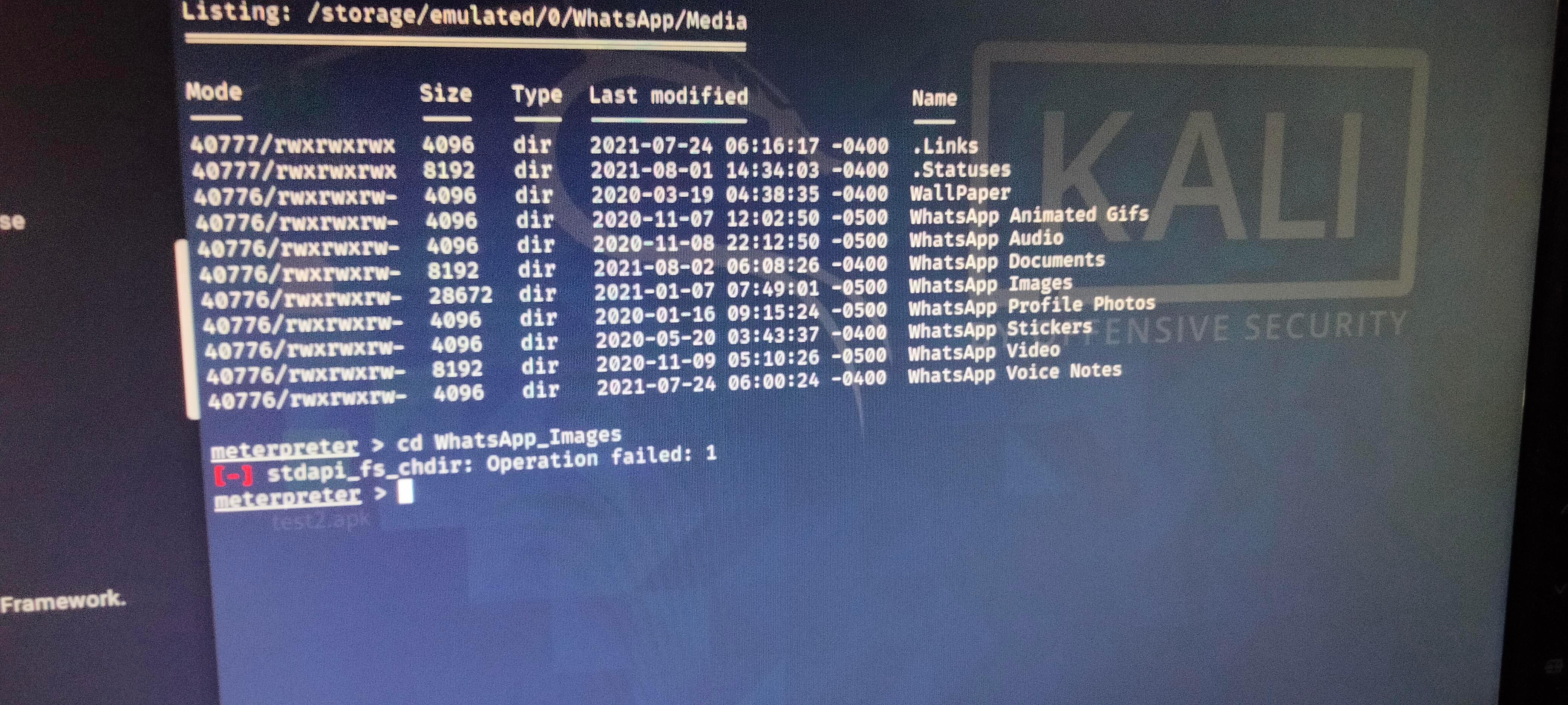 4160x1872 Hello there, I am a newbie in Kali Linux and I have crashed into a problem here. I have used meterpreter to hack victims phone but whenever I try to download a