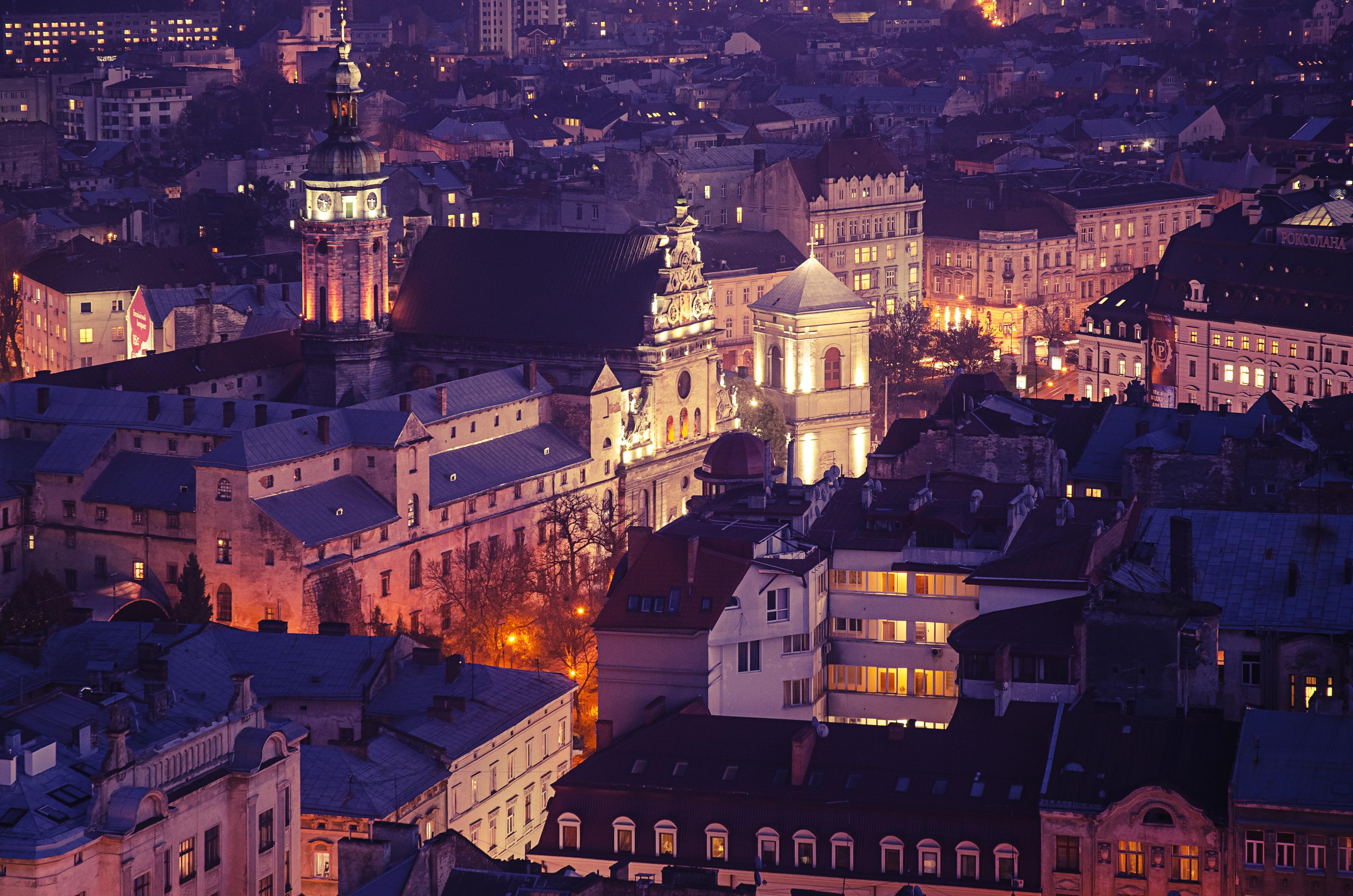 4350x2881 4K, Lviv, Ukraine, Houses, Night, Tower Gallery HD Wallpaper