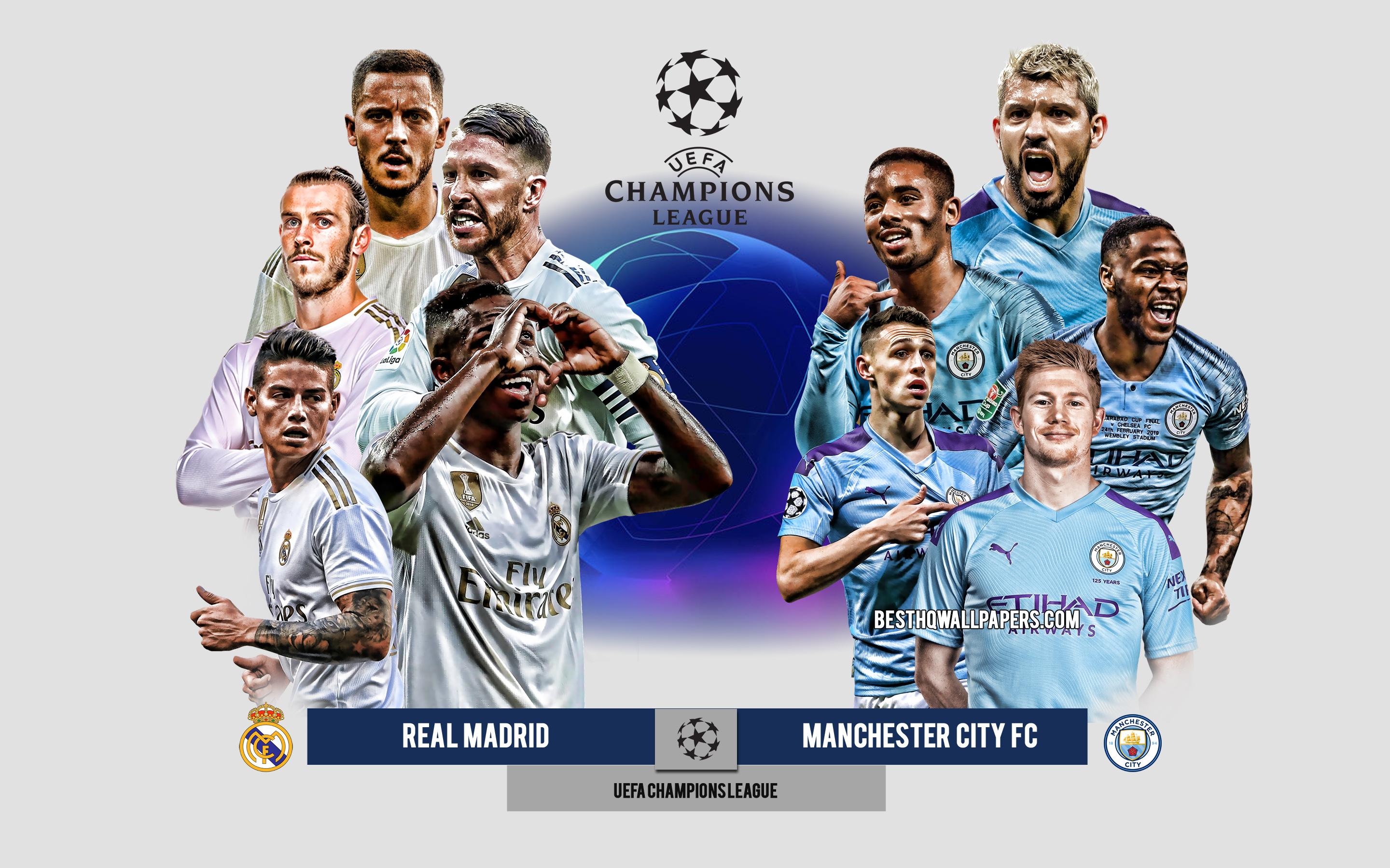 2880x1800 Download wallpaper Real Madrid vs Manchester City FC, UEFA Champions League, Preview, promotional materials, football players, Champions League, football match, logos, Real Madrid, Manchester City FC, Eden Hazard, Gareth Bale for desktop