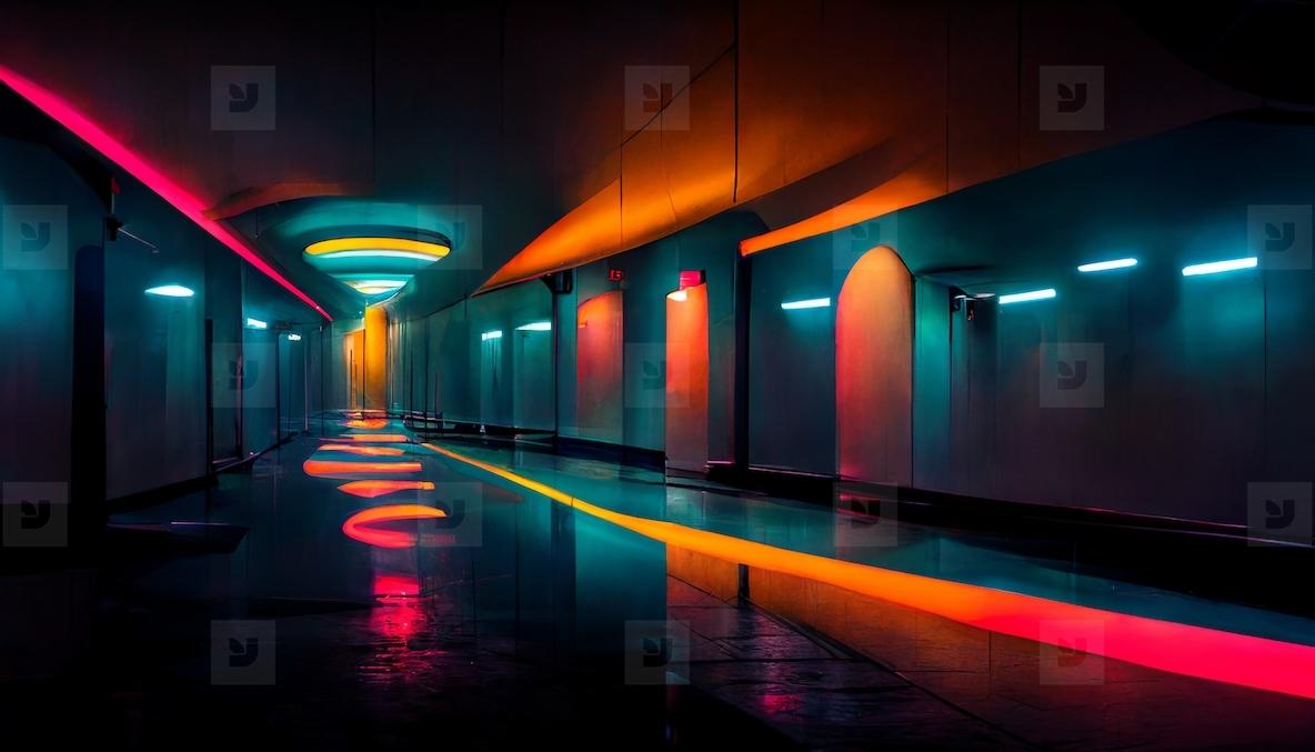 1184x677 Abstract sci fi futuristic hallway dark room in space station wi