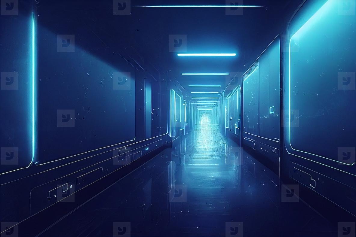 1184x789 Abstract sci fi futuristic hallway dark room in space station wi