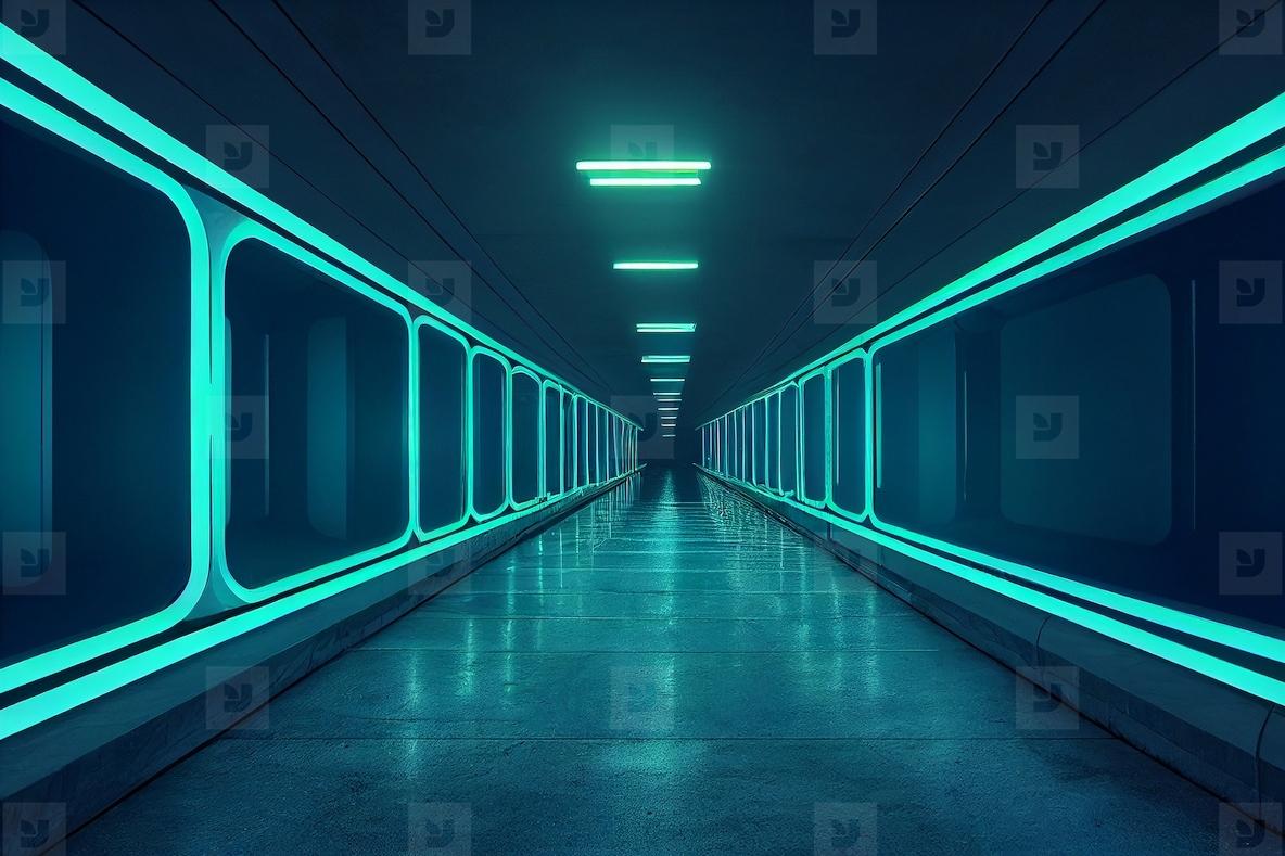 1184x789 Abstract sci fi futuristic hallway dark room in space station wi