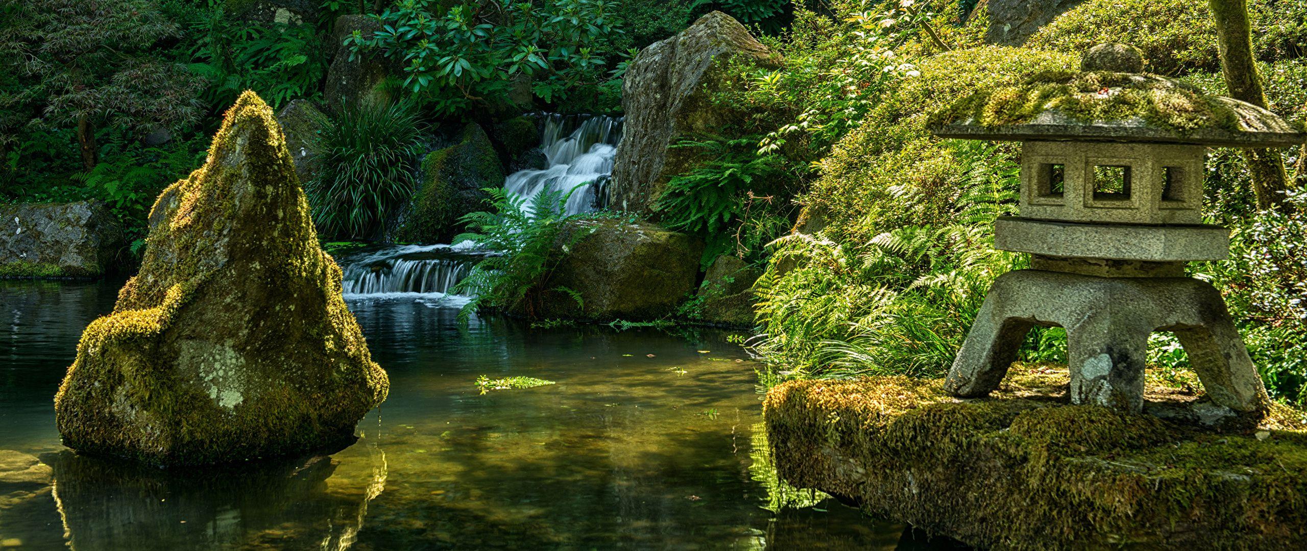 2560x1080 Photo USA Japanese Garden Portland Nature Waterfalls Parks 2560x1080