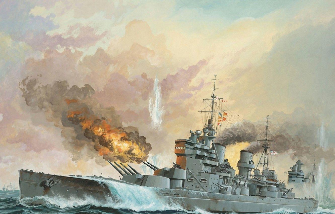 1332x850 Wallpaper sea, fire, smoke, figure, art, shots, ship of the line, sea battle, WW battleship Bismarck, King George V, German, the Royal Navy, 27 may - for desktop, section живопись