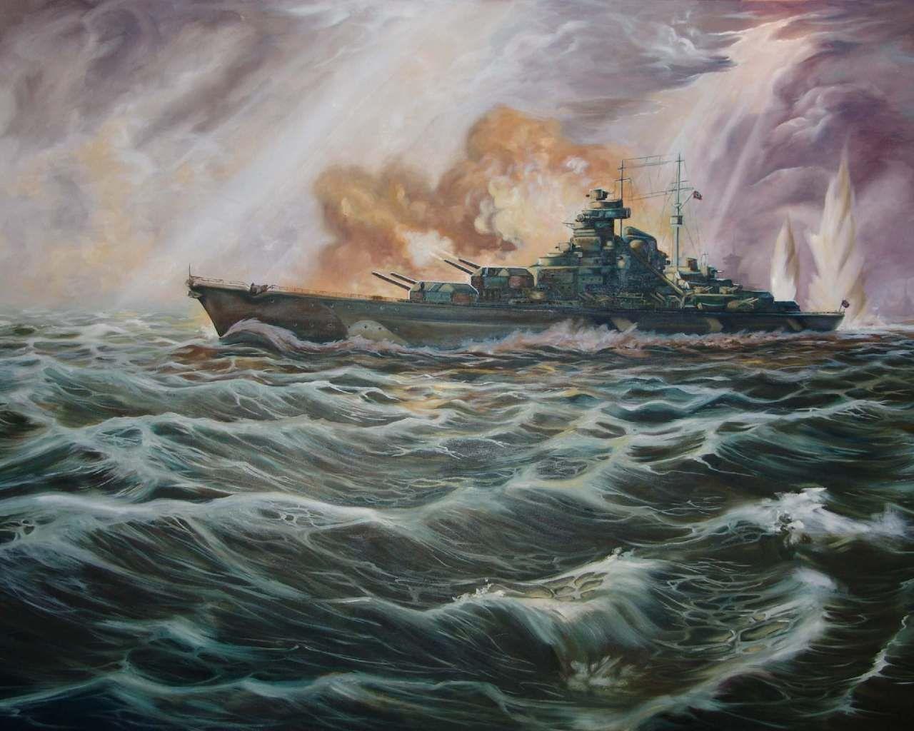 1280x1024 Bismarck, Art, Battle, Battleship, Bismarck, Drawing, Fire, German