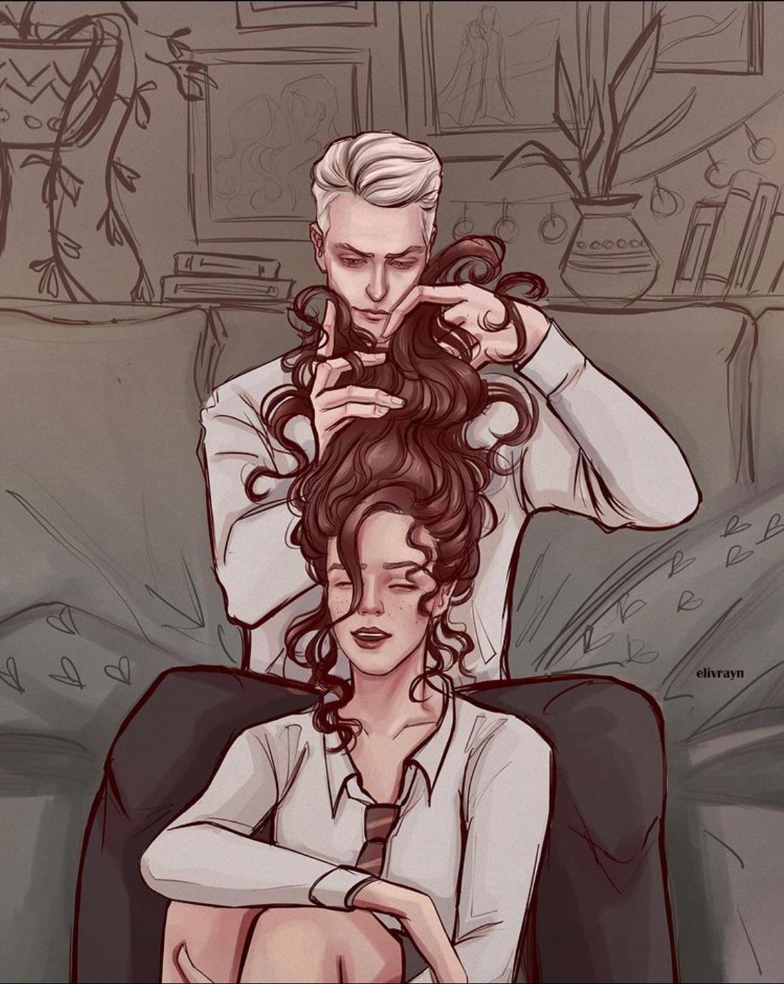 1100x1381 Fanart of Draco doing Hermione's hair