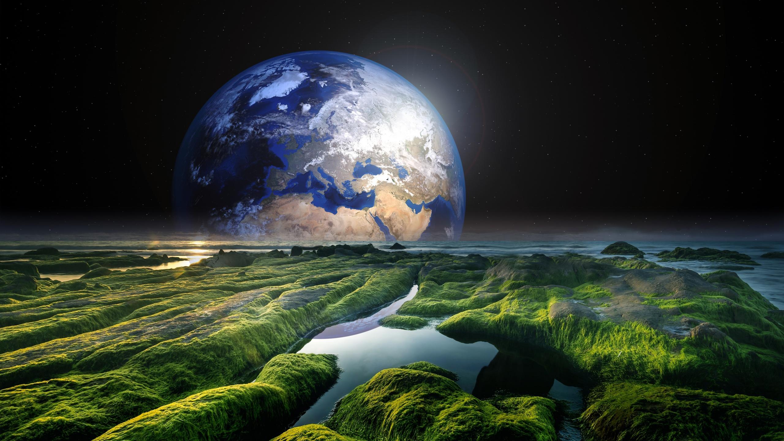 2560x1440 Earth Wallpaper 4K, Space, Stars, Green