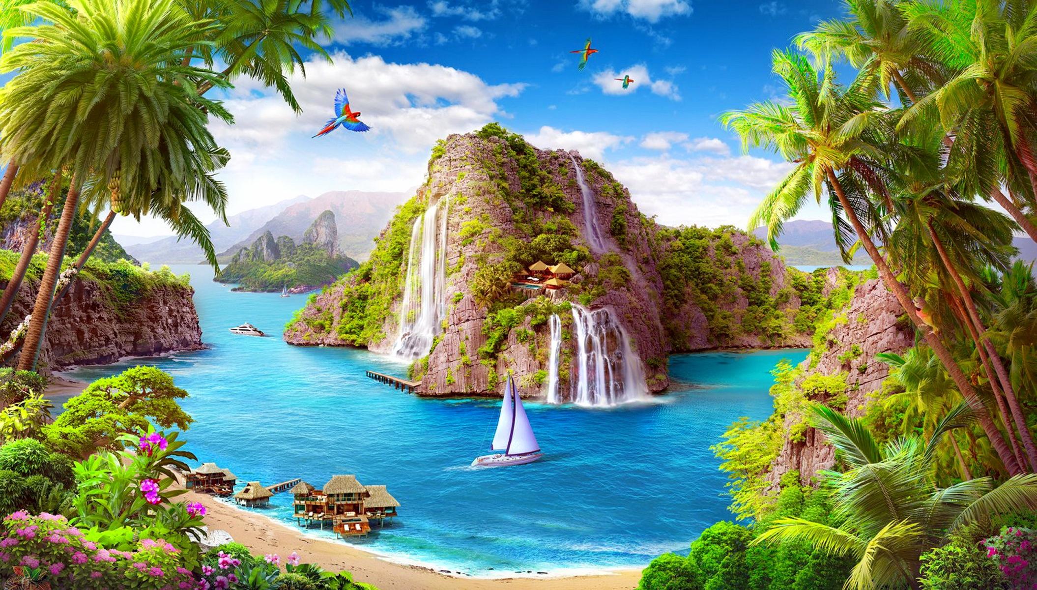 2110x1200 Artistic Beach Bird Fantasy Ocean Palm
