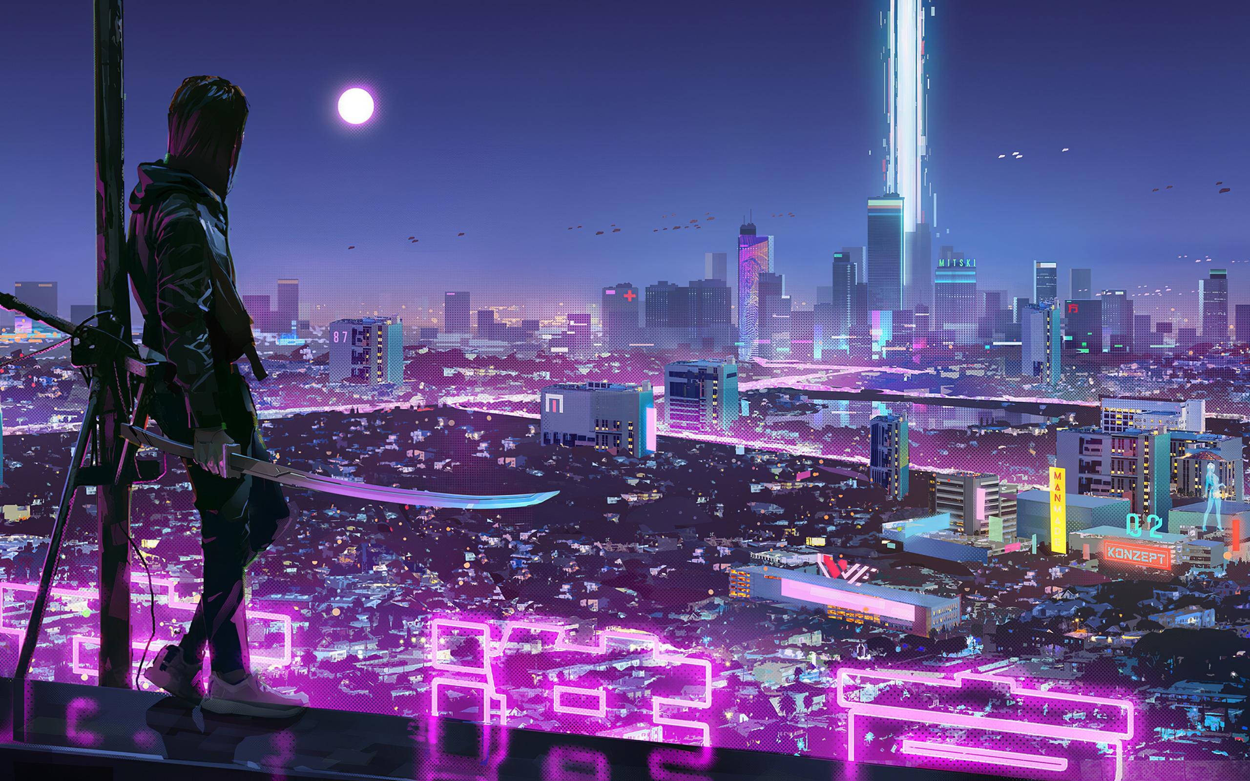 2560x1600 Wallpaper 4k Neon Lights Cyber Ninja