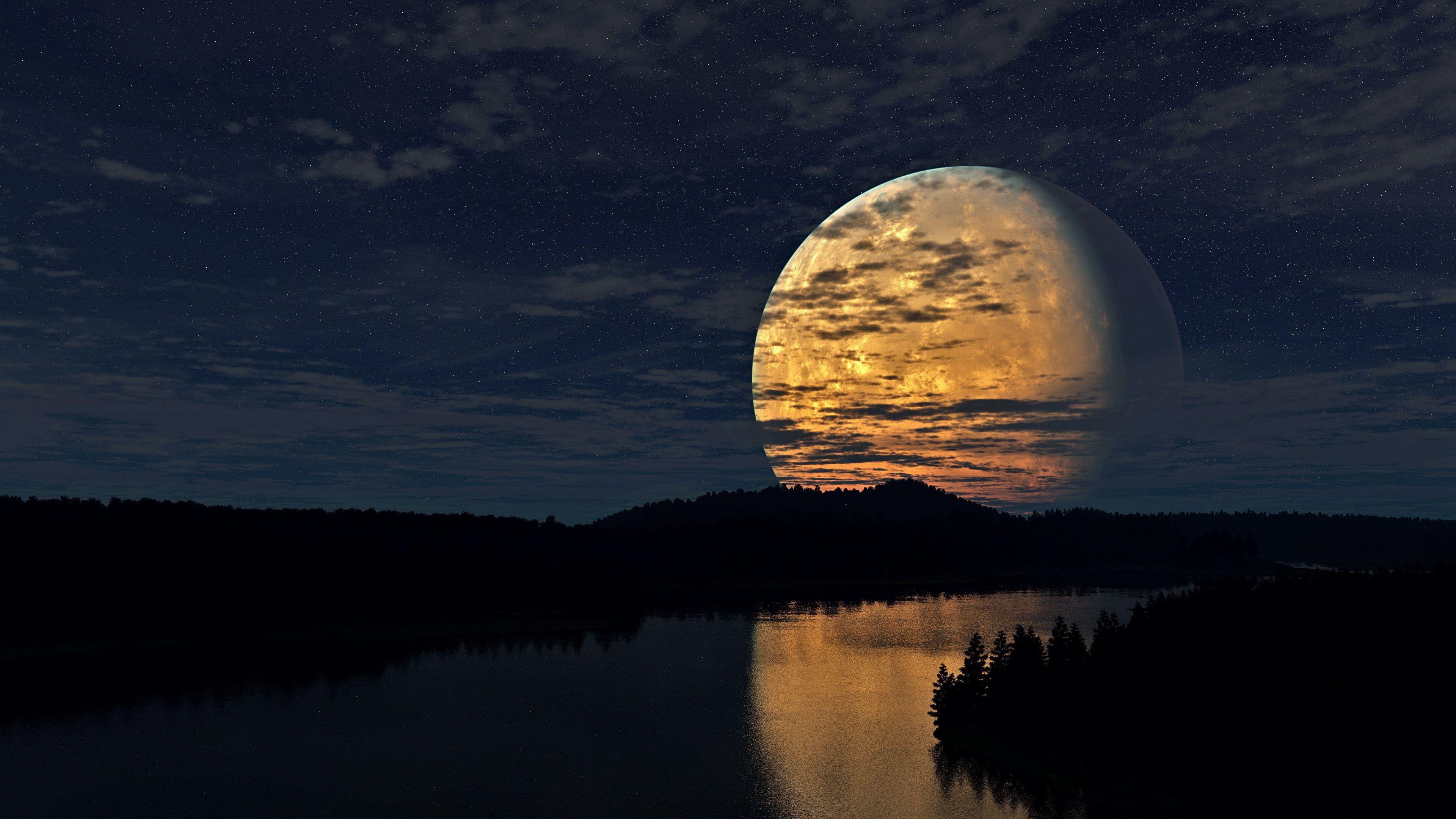 Nature fantasy landscape reflected in lake at night 2K wallpaper download