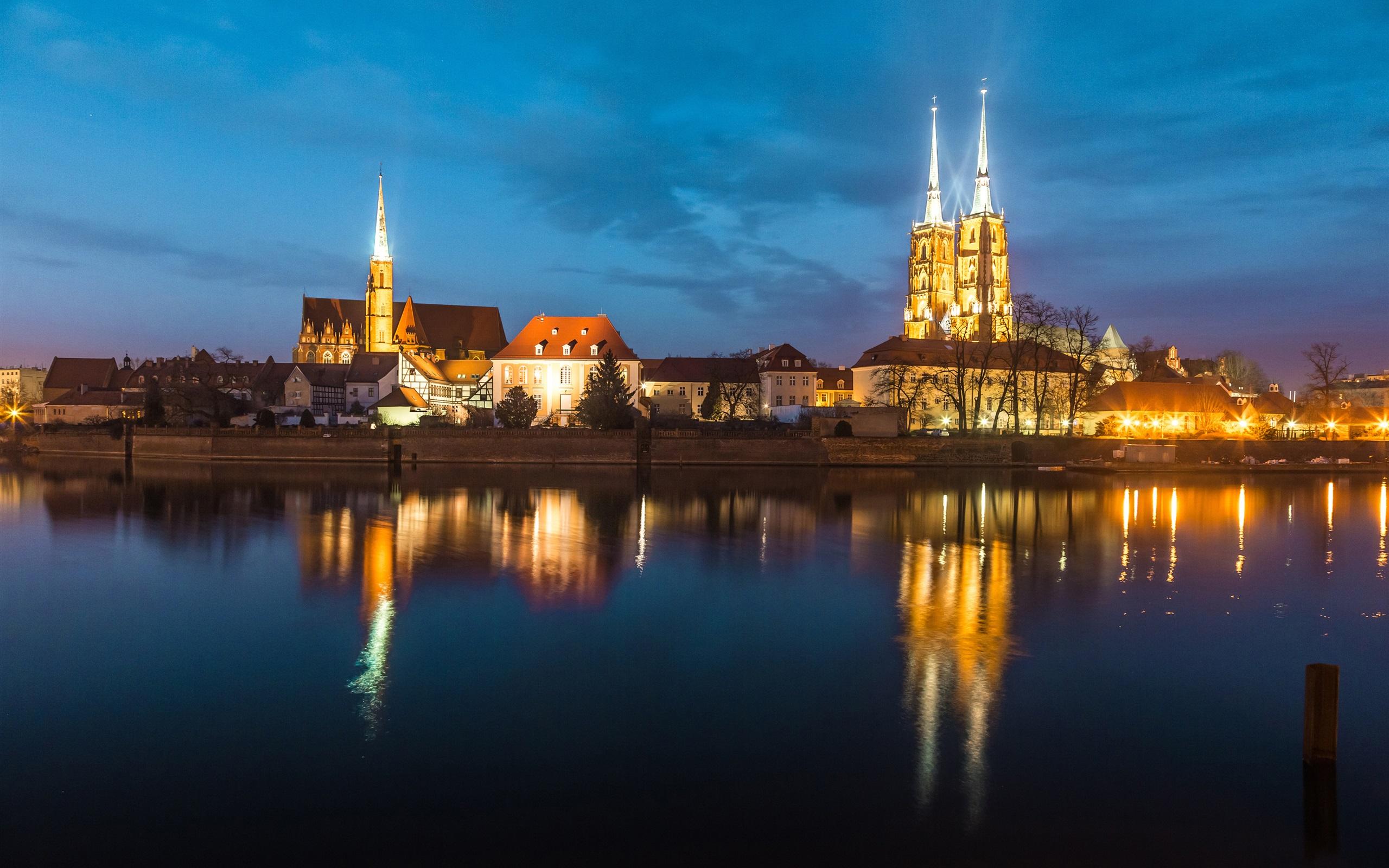 2560x1600 Wallpaper Wroclaw, Poland, river, night