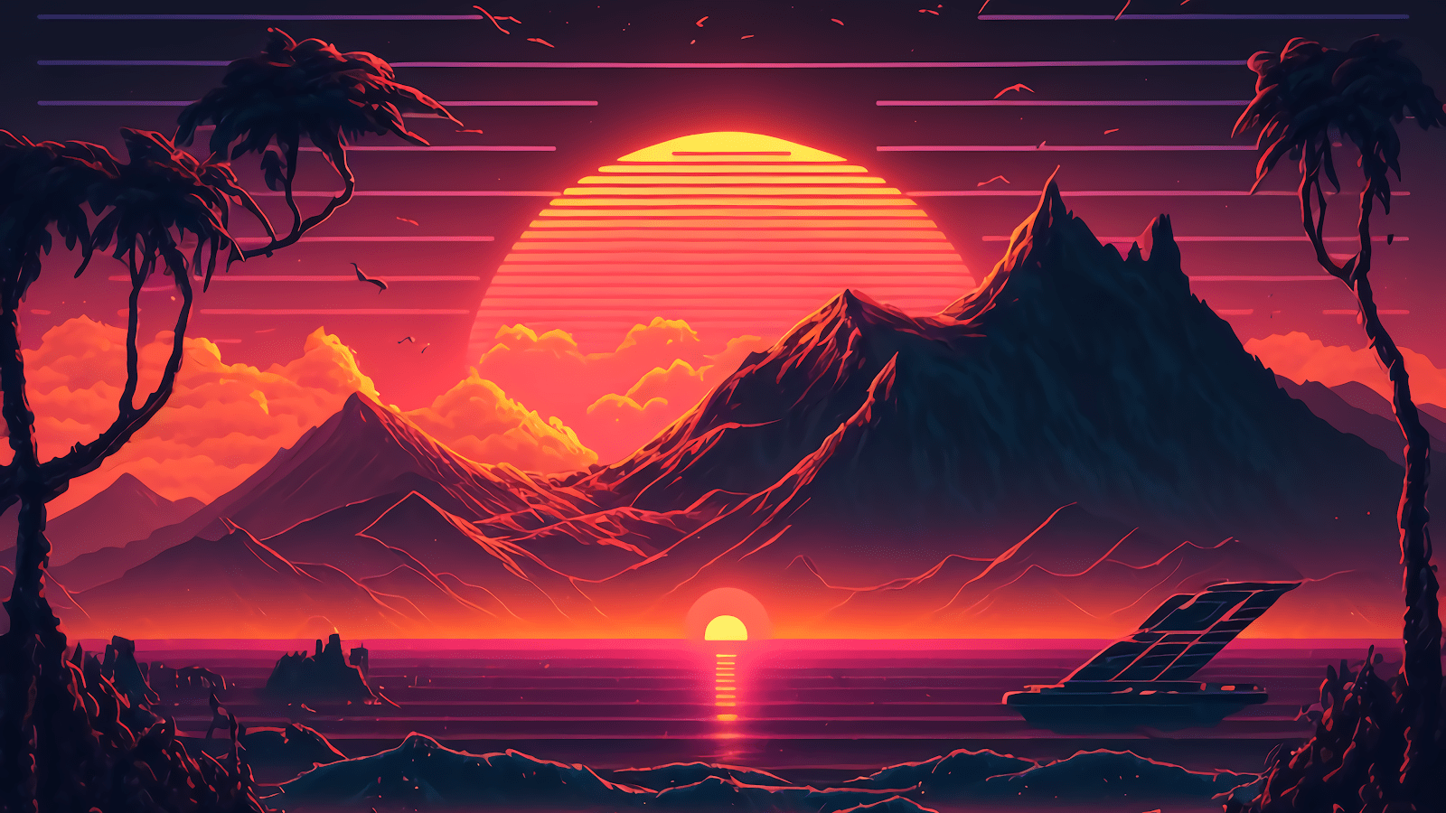 1600x900 SYNTHWAVE SUNSET AI ART WALLPAPER 4K FOR PC