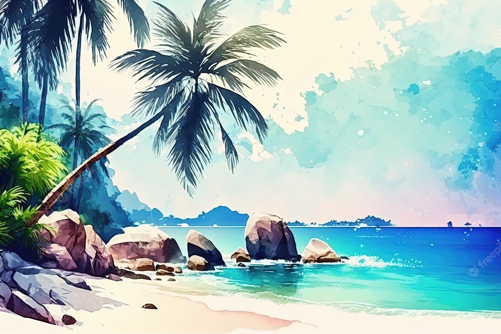 2000x1333 Watercolor tropical sea landscape