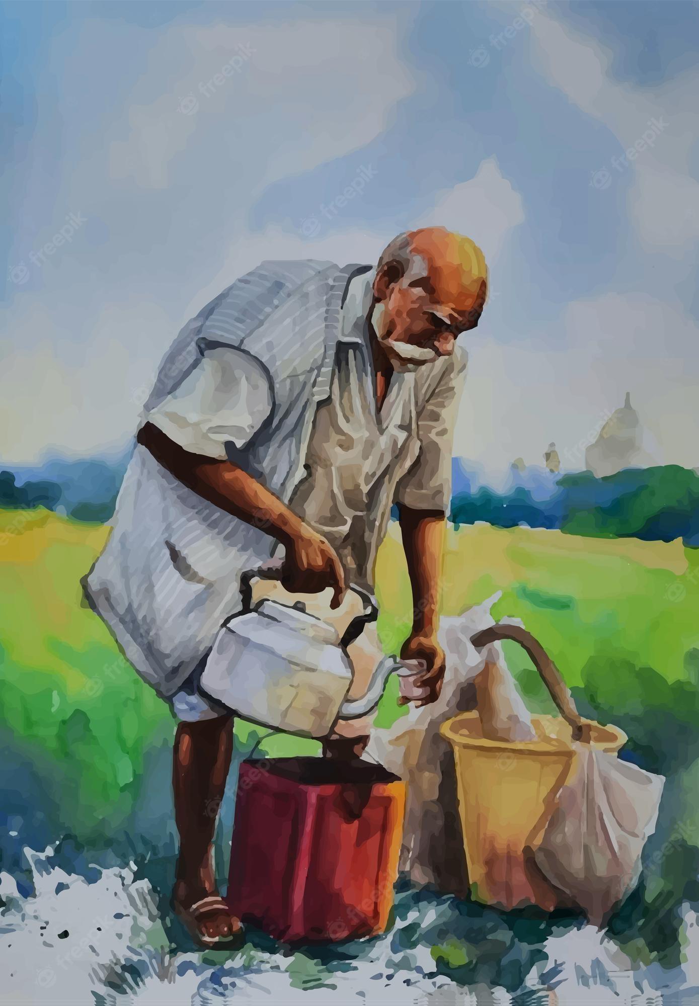 1389x2000 Premium Vector. Village tea seller painting wall art wallpaper handdrawn artwork