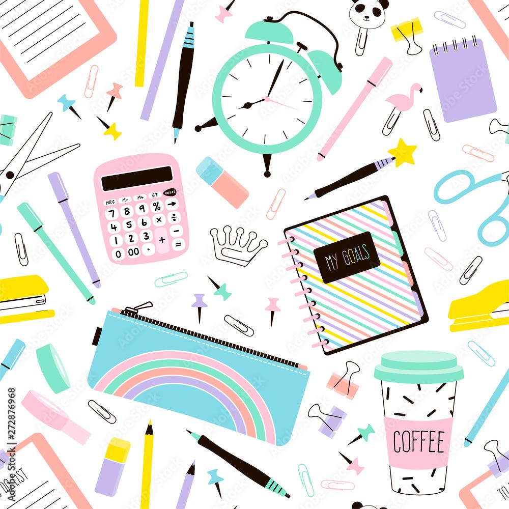 1000x1000 School supplies cartoon vector seamless pattern. Desk accessories hand drawn texture. Time management decorative backdrop. Planner book, calculator, alarm clock. Wallpaper, wrapping paper flat design Stock Vector