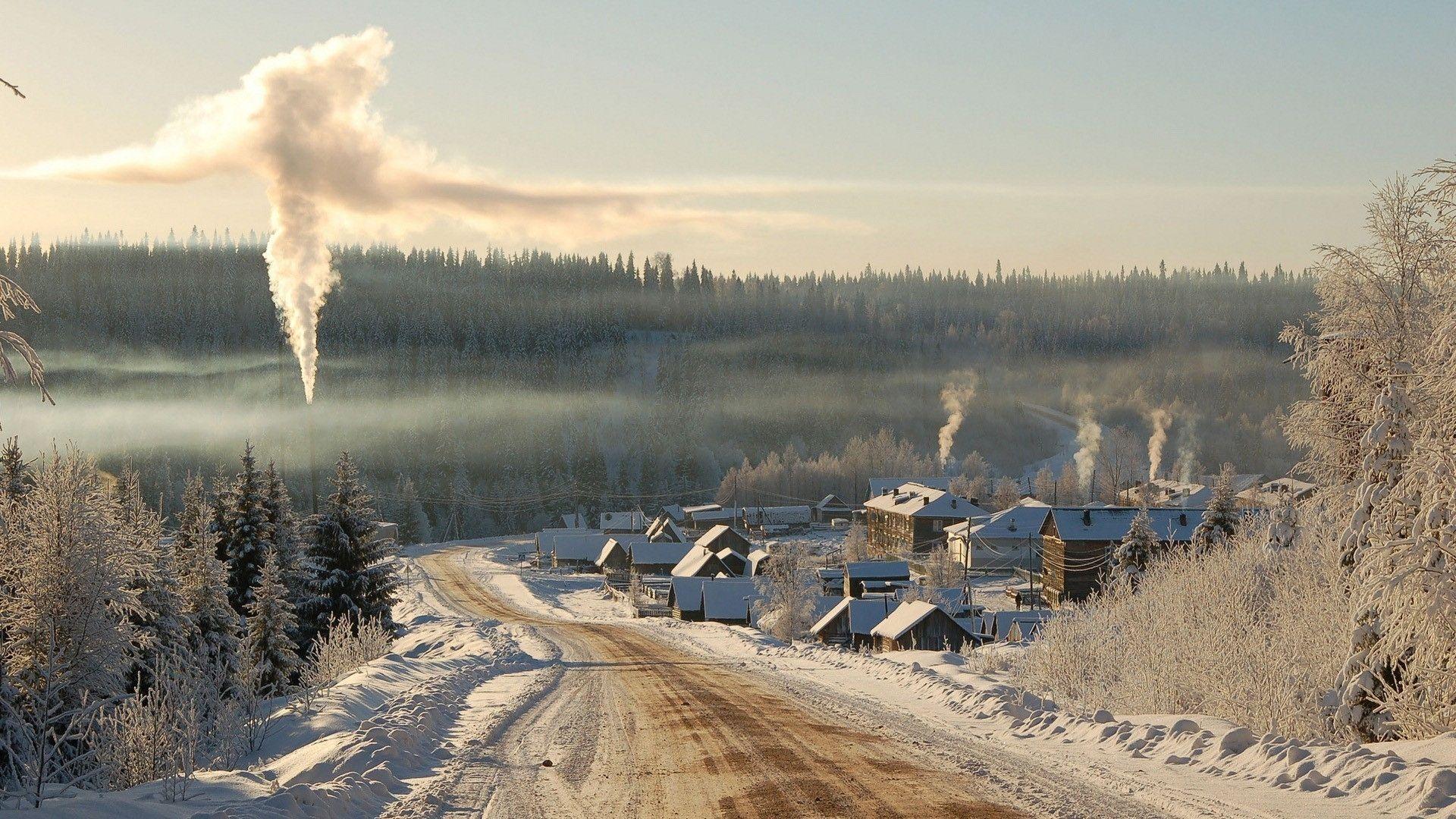 1920x1080 Winter Smoke City Road Trees desktop PC and Mac wallpaper