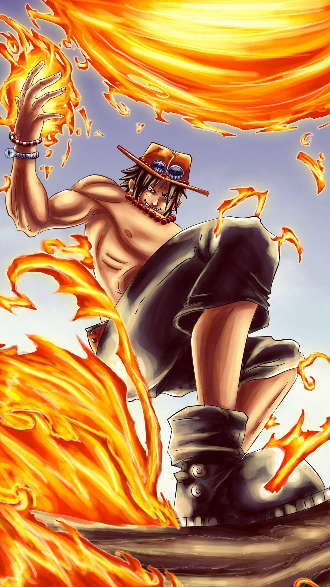 1080x1920 Download One Piece Phone Ace Generating Fire Wallpaper