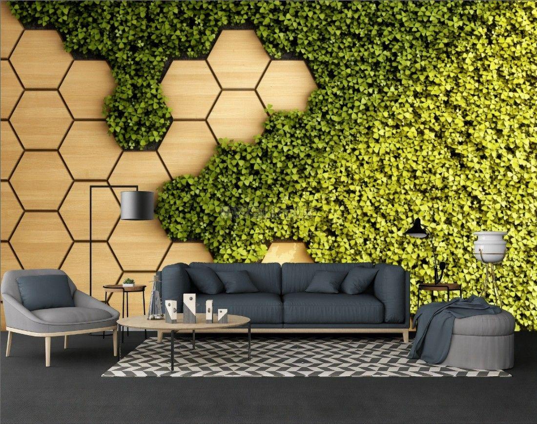 1100x869 3D Look Honeycomb Pattern and Fresh Grass Wallpaper Mural. Green wall design, Geometric wallpaper living room, Grass wallpaper