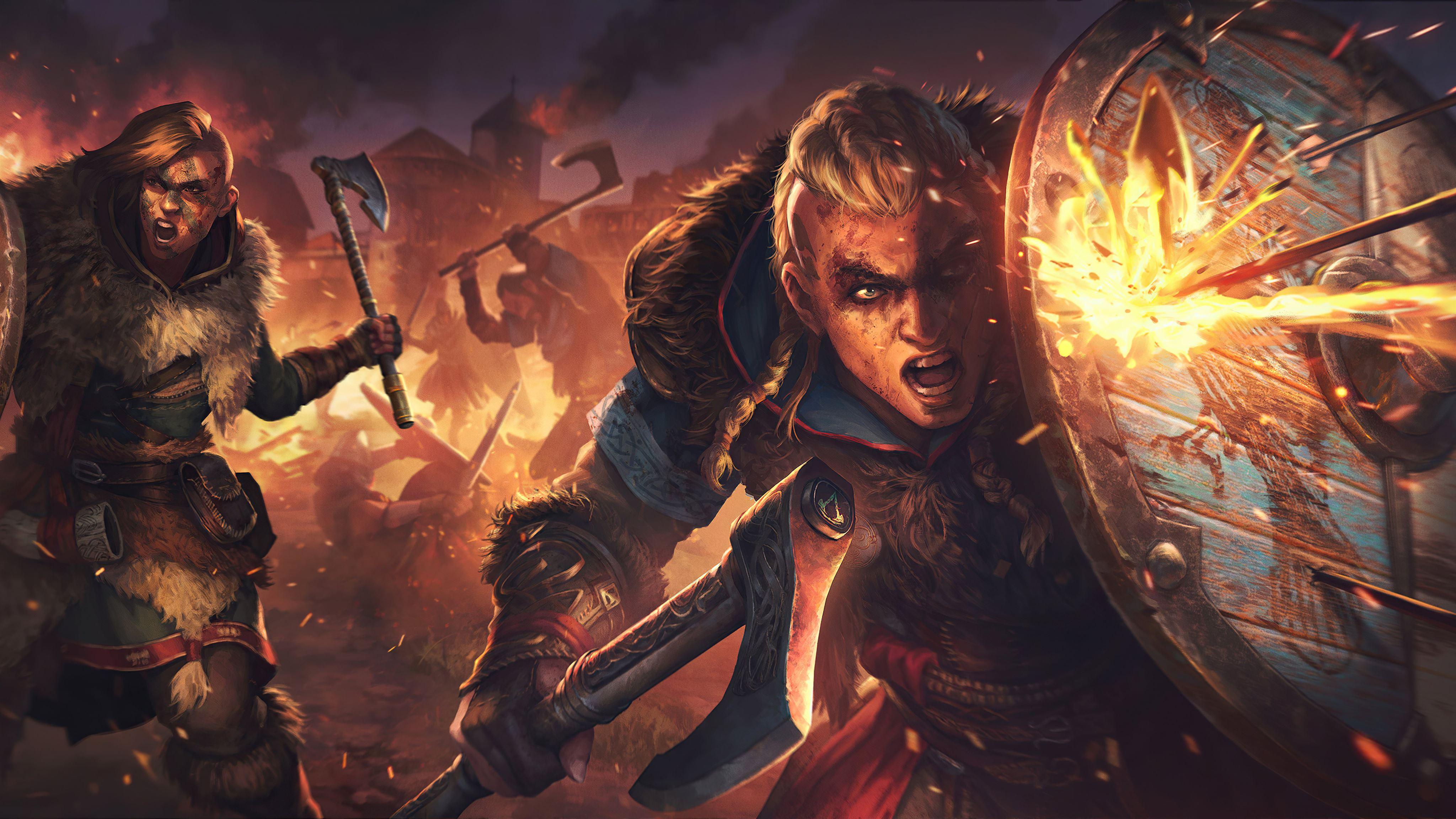 4096x2304 assassins creed valhalla eivor and jomsviking 5k MacBook Air Wallpaper Download
