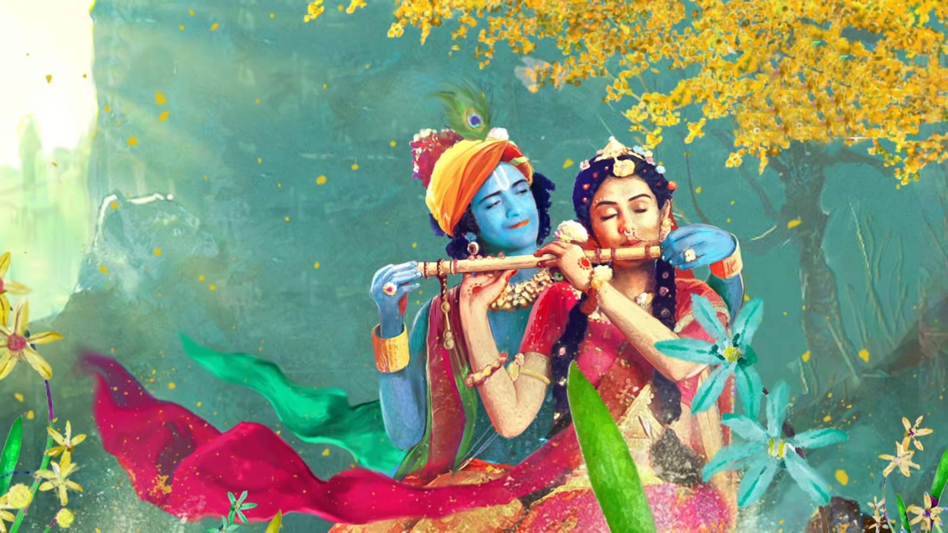 1920x1080 Download Lady Radha And Lord Krishna 4K Aesthetic Digital Art Wallpaper