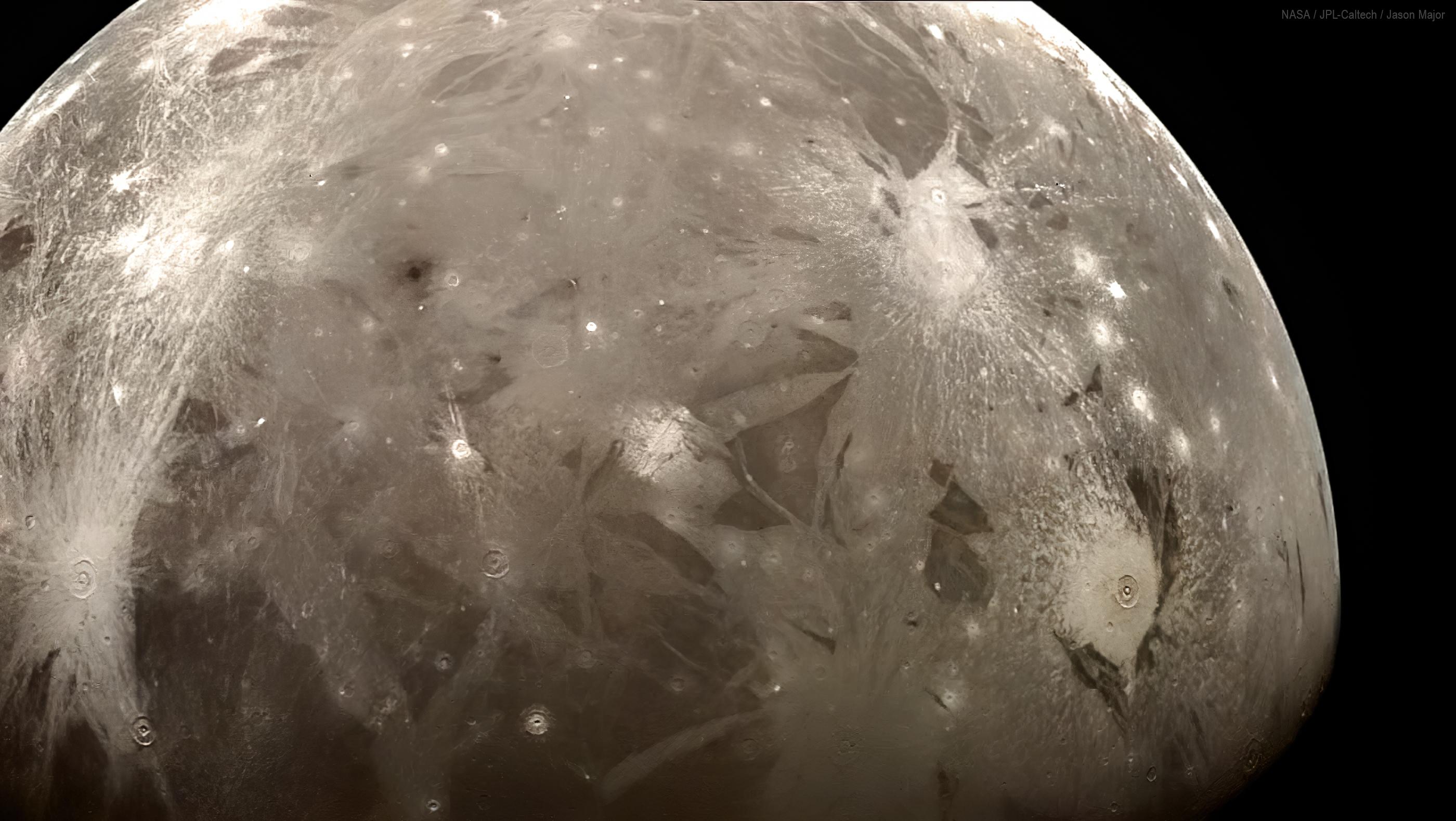 2800x1580 Jason Major view of Ganymede, this one made from image captured by NASA's Galileo spacecraft on Feb. 1997 and using color data from the Voyager observations 18 years