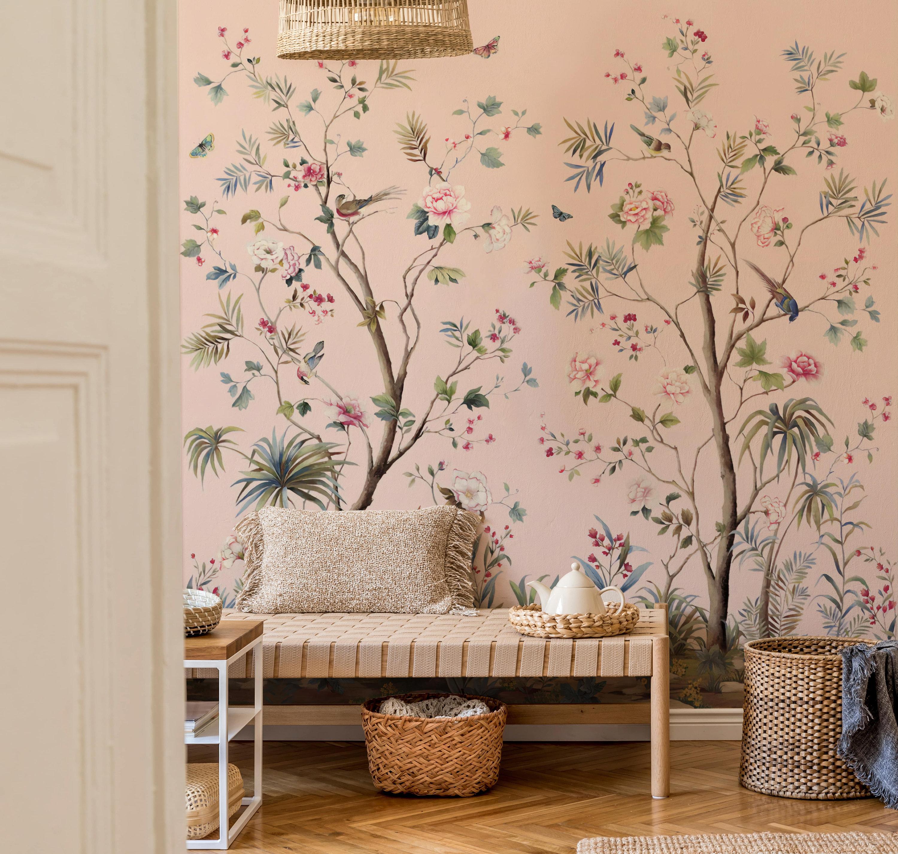3000x2852 Pink Chinoiserie Wallpaper Peel and Stick Floral Wallpaper