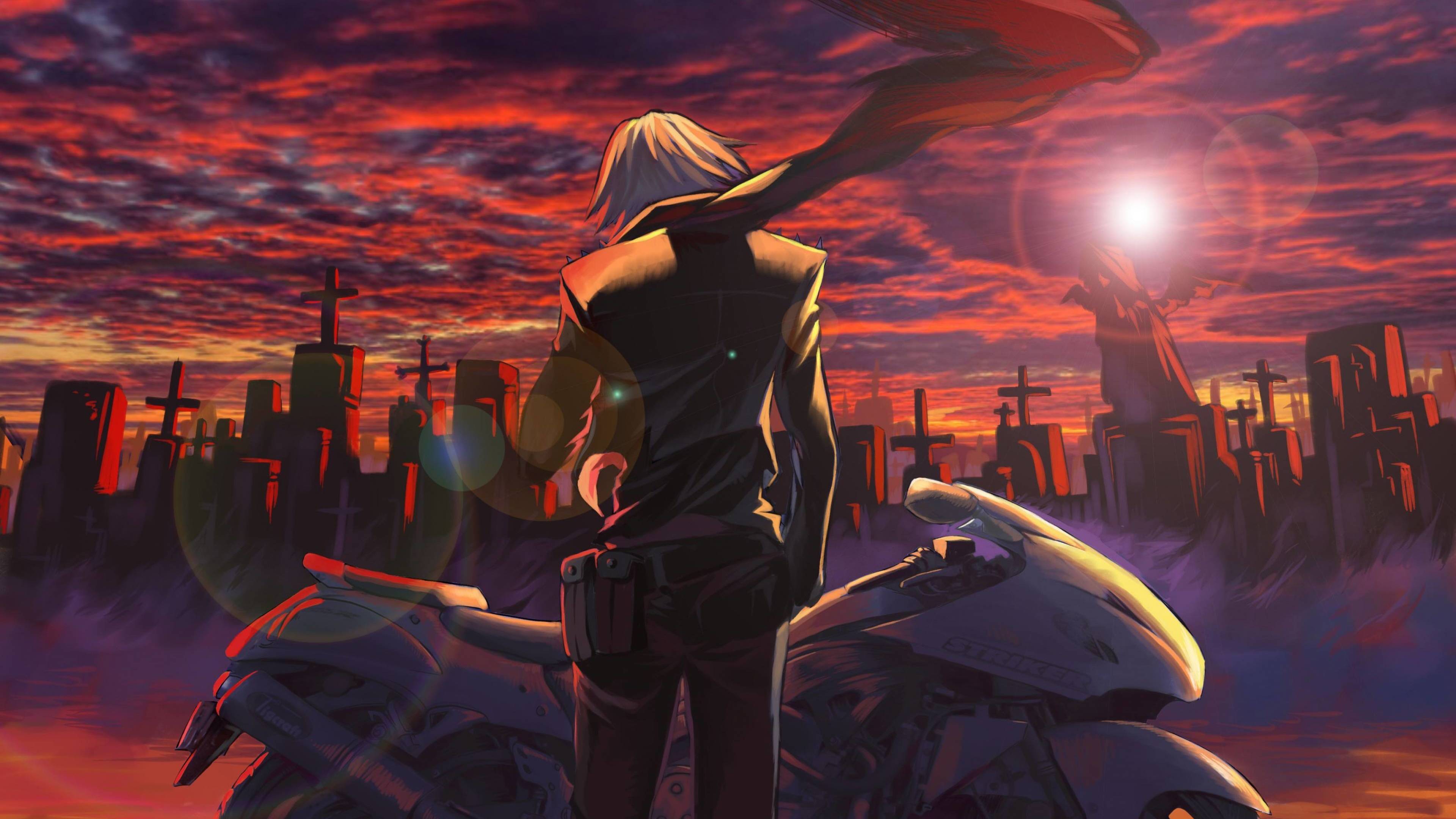 3840x2160 Wallpaper 4k Man Standing Side Of The Bike Buildings Sunset Wallpaper