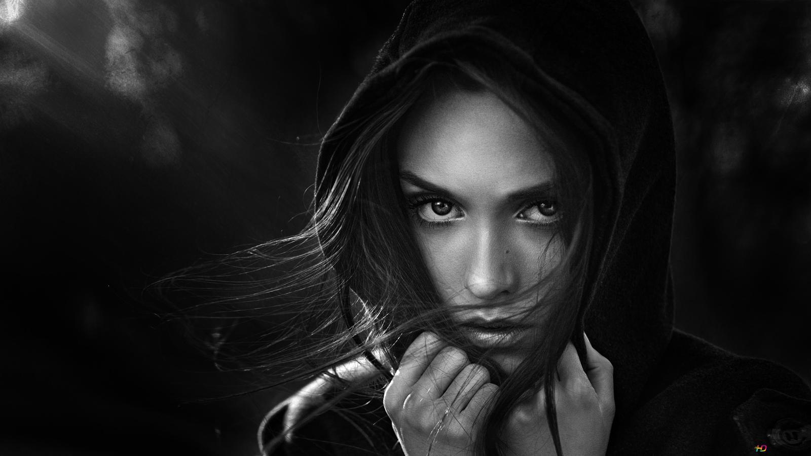 1600x900 Black and white photo of beautiful woman blowing in the wind 2K wallpaper download