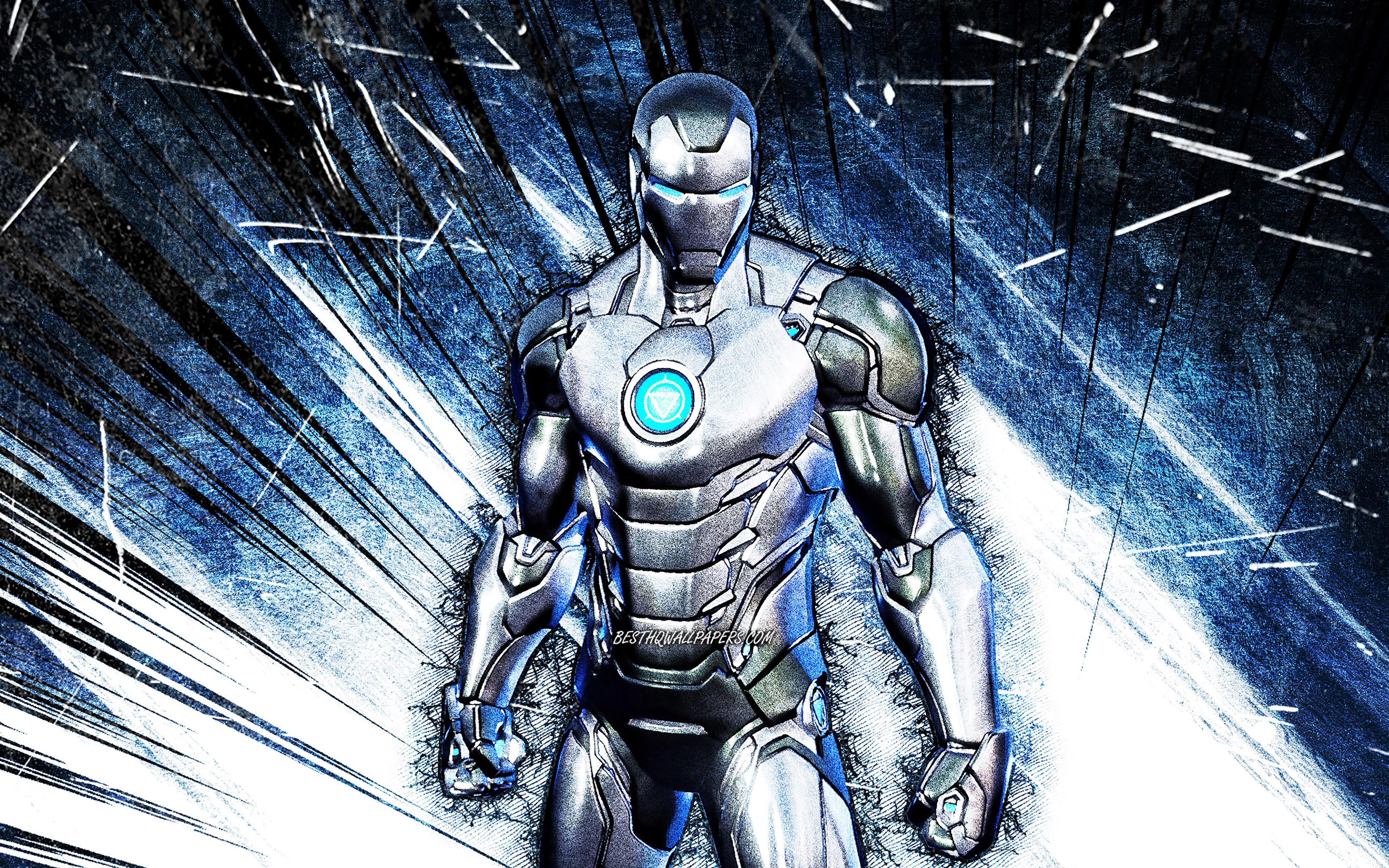 3840x2400 Download wallpaper 4k, Silver Foil Iron Man, grunge art, Fortnite Battle Royale, Fortnite characters, blue abstract rays, Silver Foil Iron Man Skin, Fortnite, Silver Foil Iron Man Fortnite for desktop with resolution