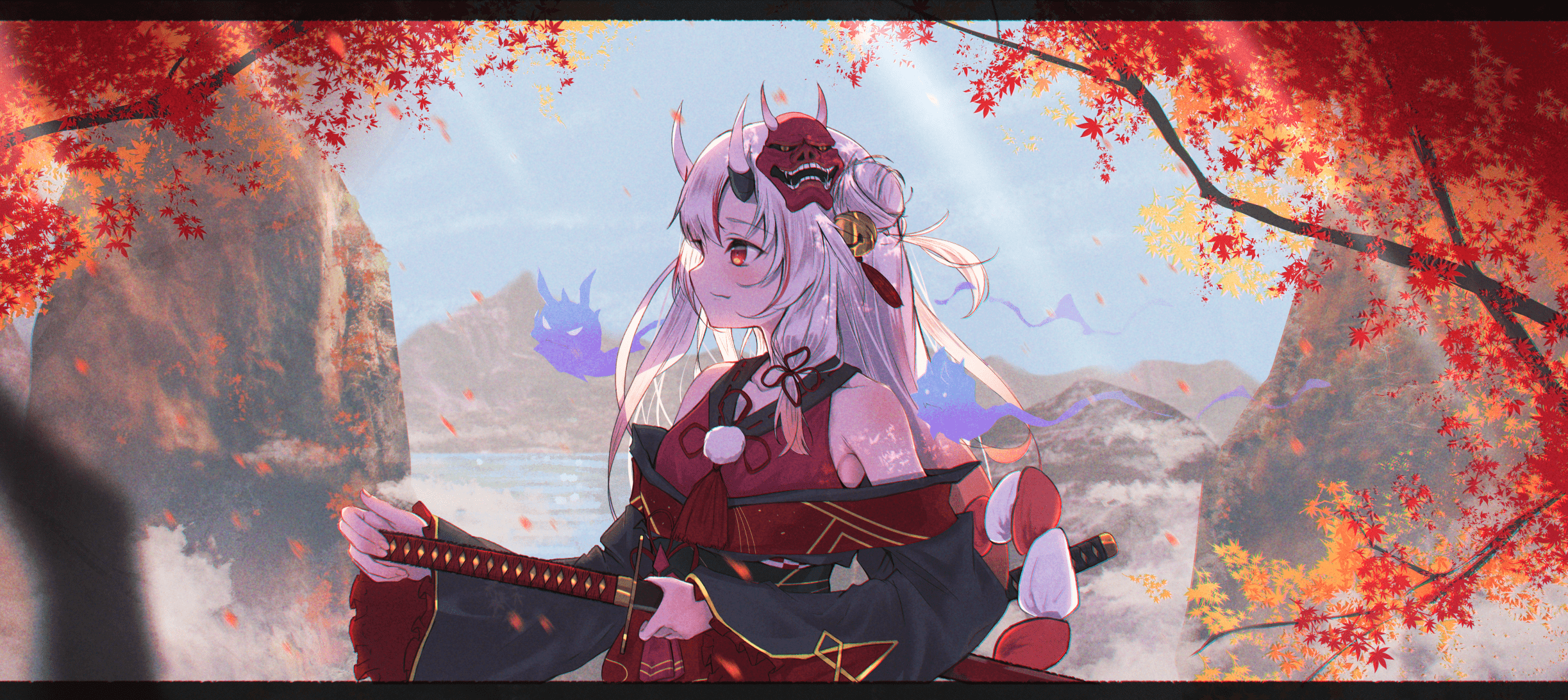 2446x1093 Hololive Nakiri Ayame Anime Girls Oni Girl Fall Wallpaper:2446x1093