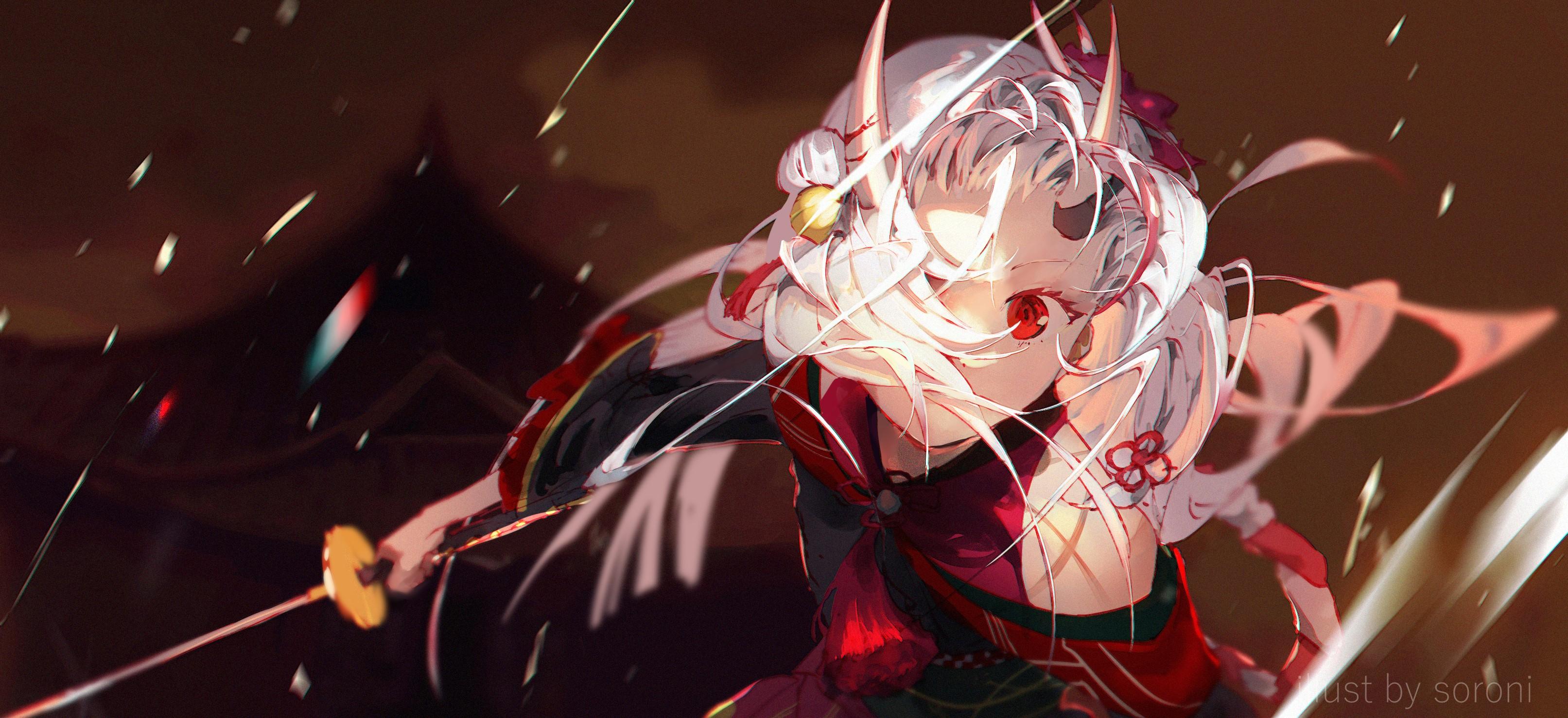3226x1477 katana, red eyes, Virtual Youtuber, Sorrowny, Hololive, anime girls, oni girl, Nakiri Ayame, anime Gallery HD Wallpaper