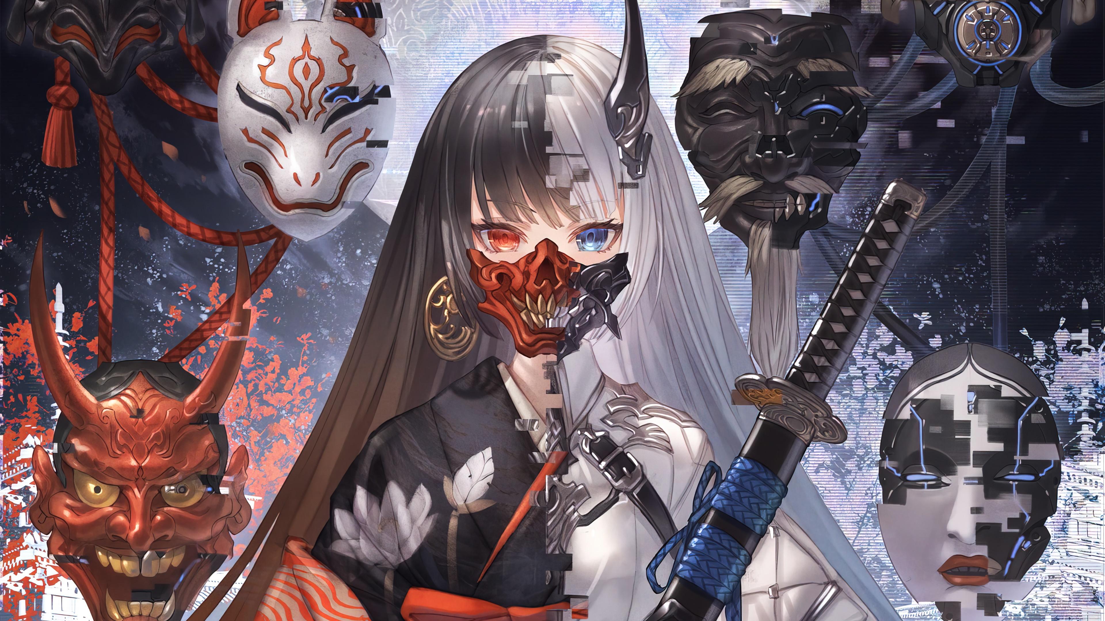 3840x2160 anime, girl, mask, katana, 4k Gallery HD Wallpaper